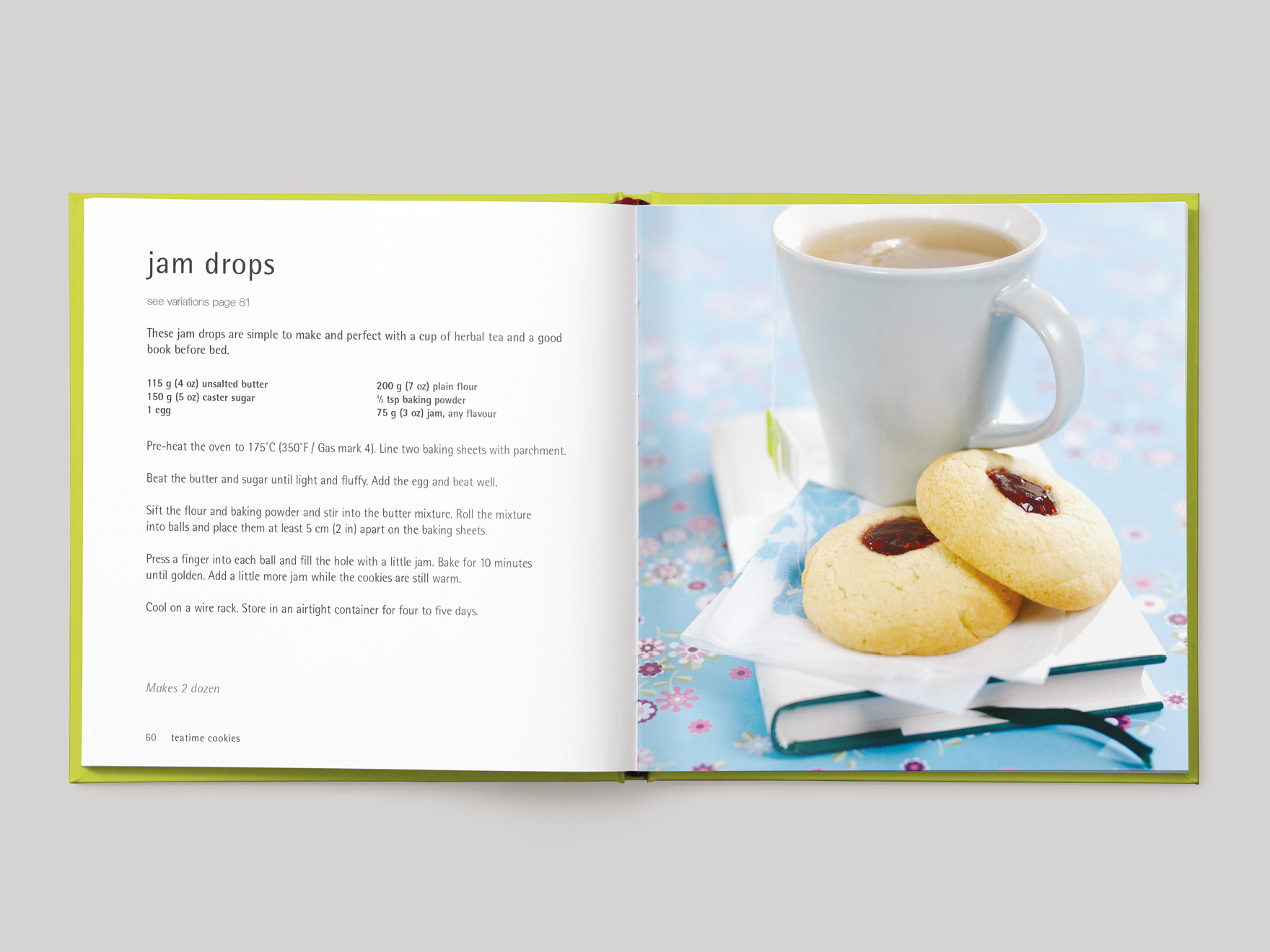 Inside pages from 500 Cookies showing a recipe for jam drop cookies