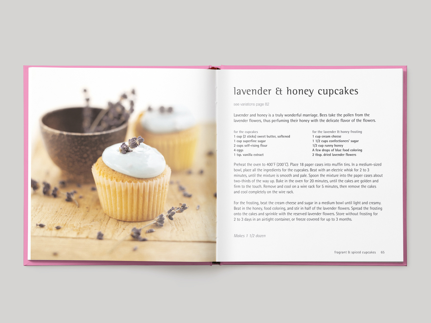 Inside pages from 500 Cupcakes showing a recipe for lavender and honey cupcakes