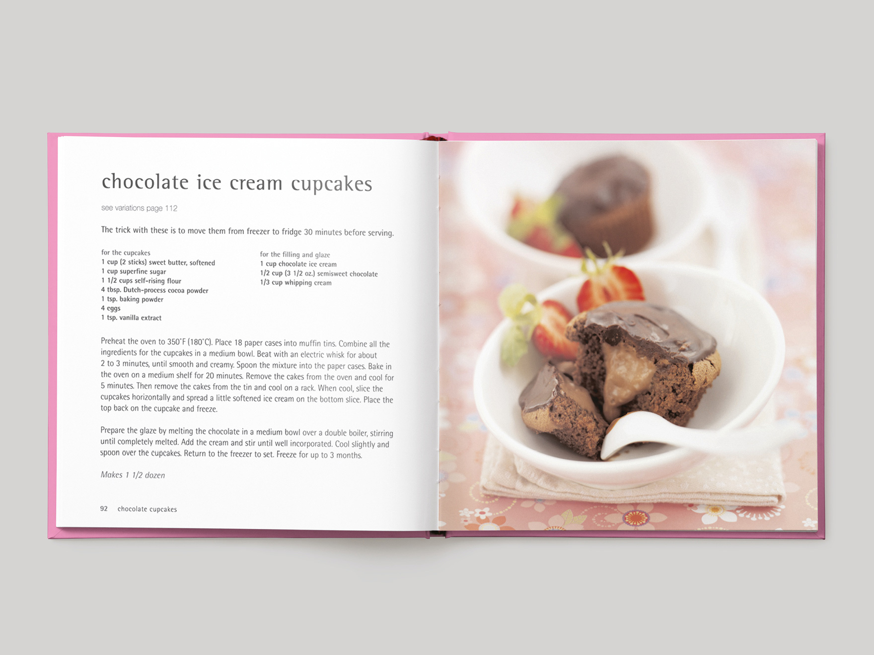 Inside pages from 500 Cupcakes showing a recipe for chocolate ice cream cupcakes