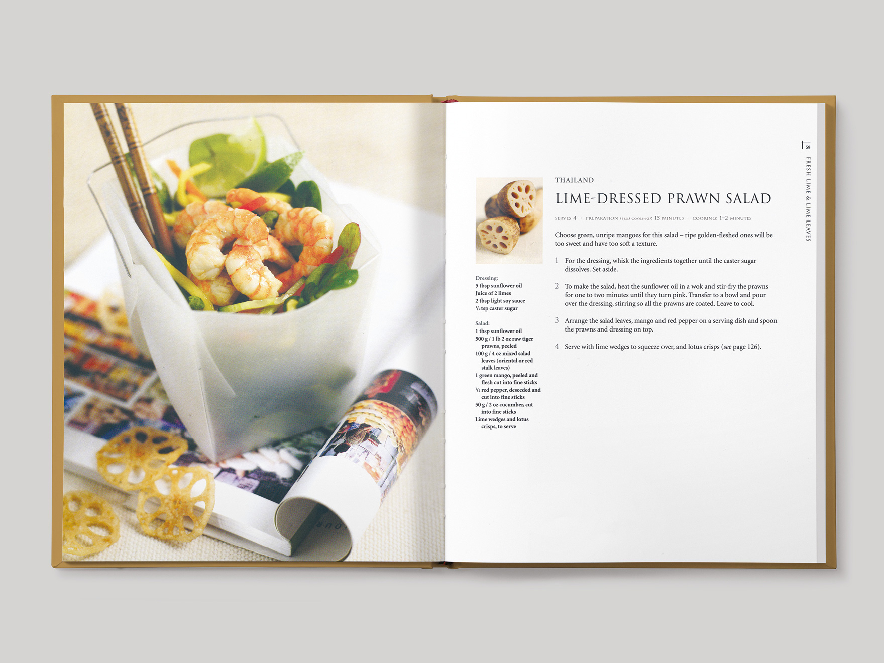 Inside book pages from Asian Flavours showing a recipe for lime dressed prawn salad