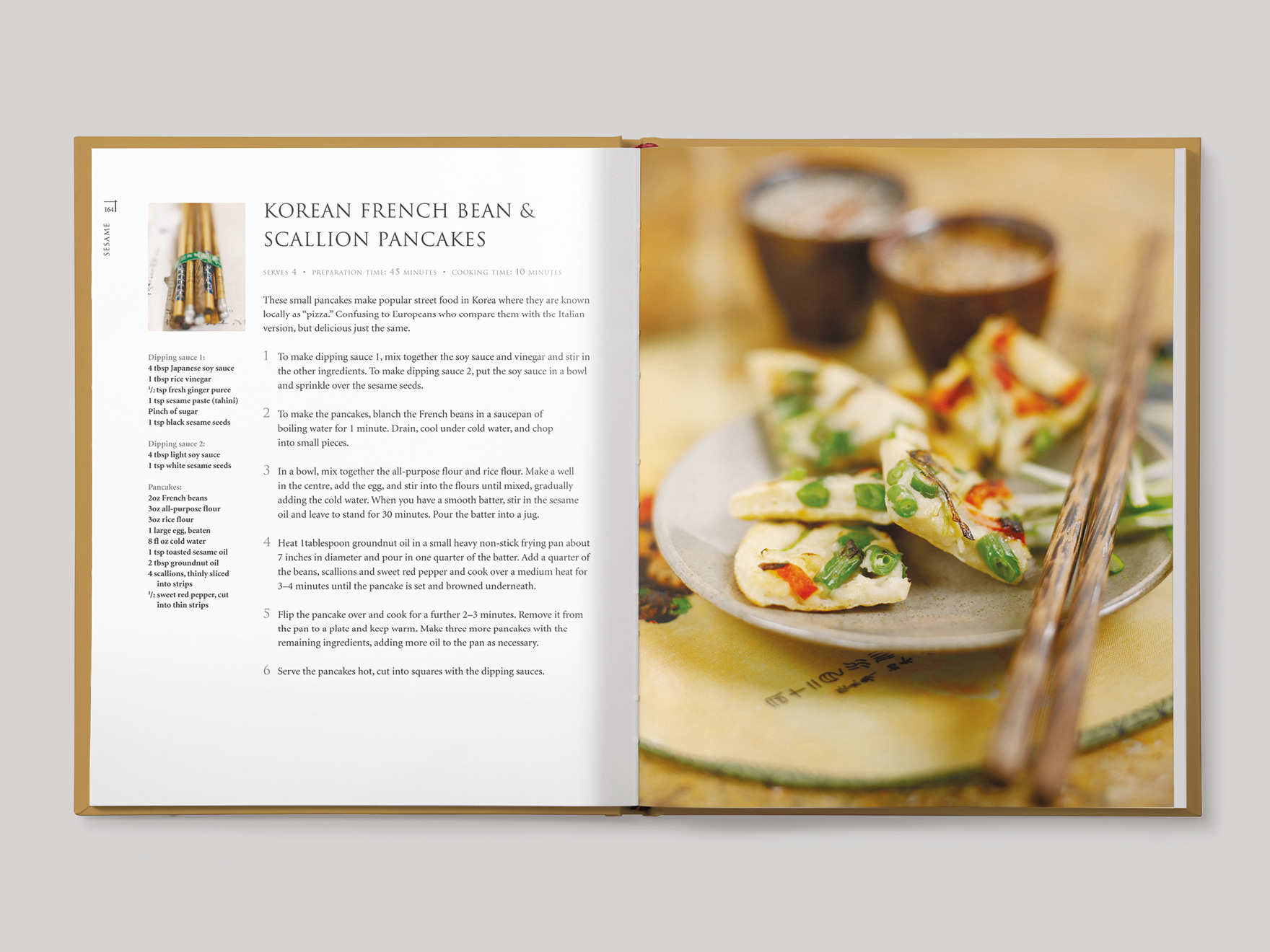 Inside book pages from Asian Flavours showing a recipe for Korean French bean and scallion pancakes