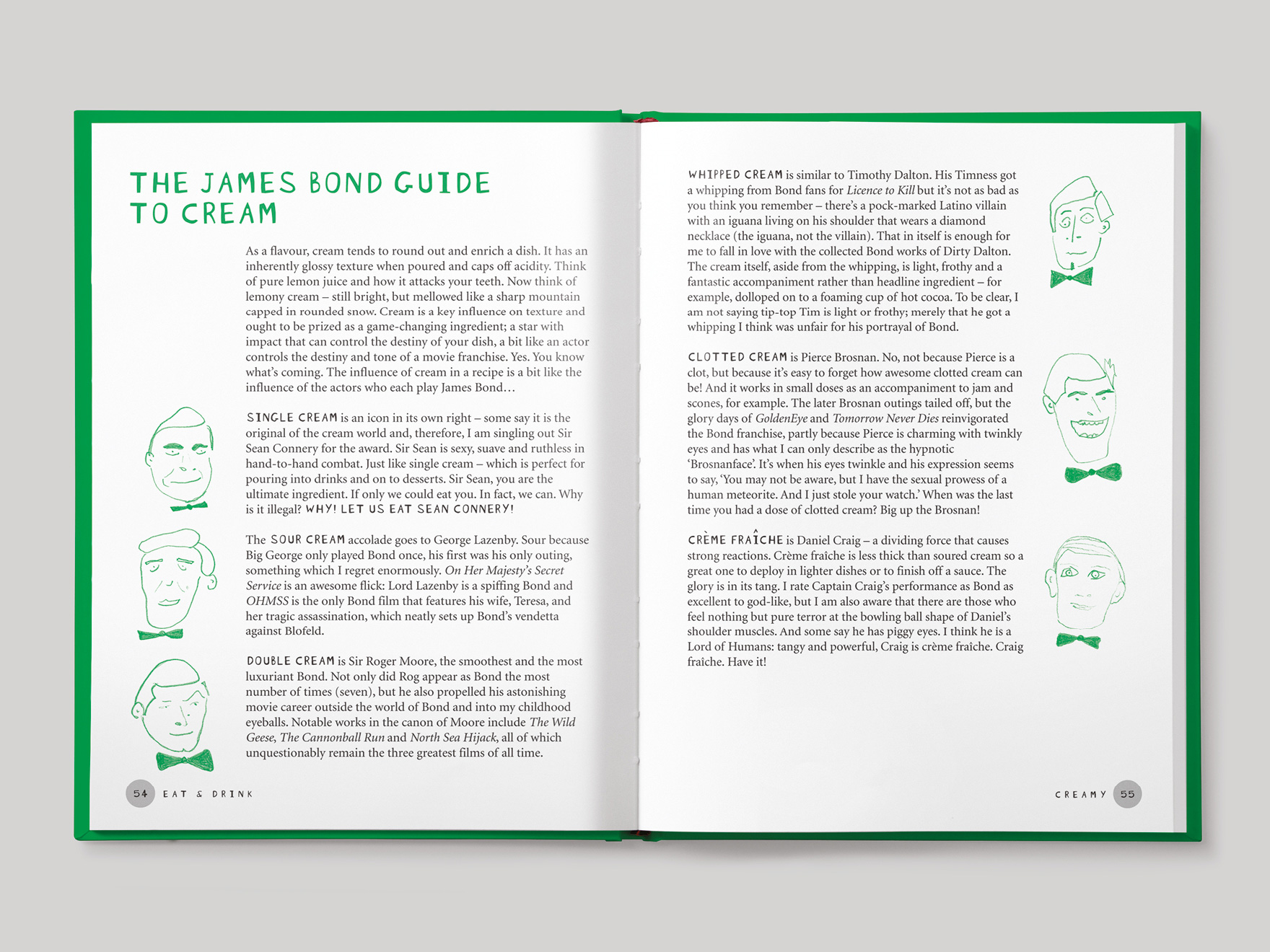 Inside book pages from Olly Smith's Eat & Drink recipe book comparing James Bond actors to types of cream