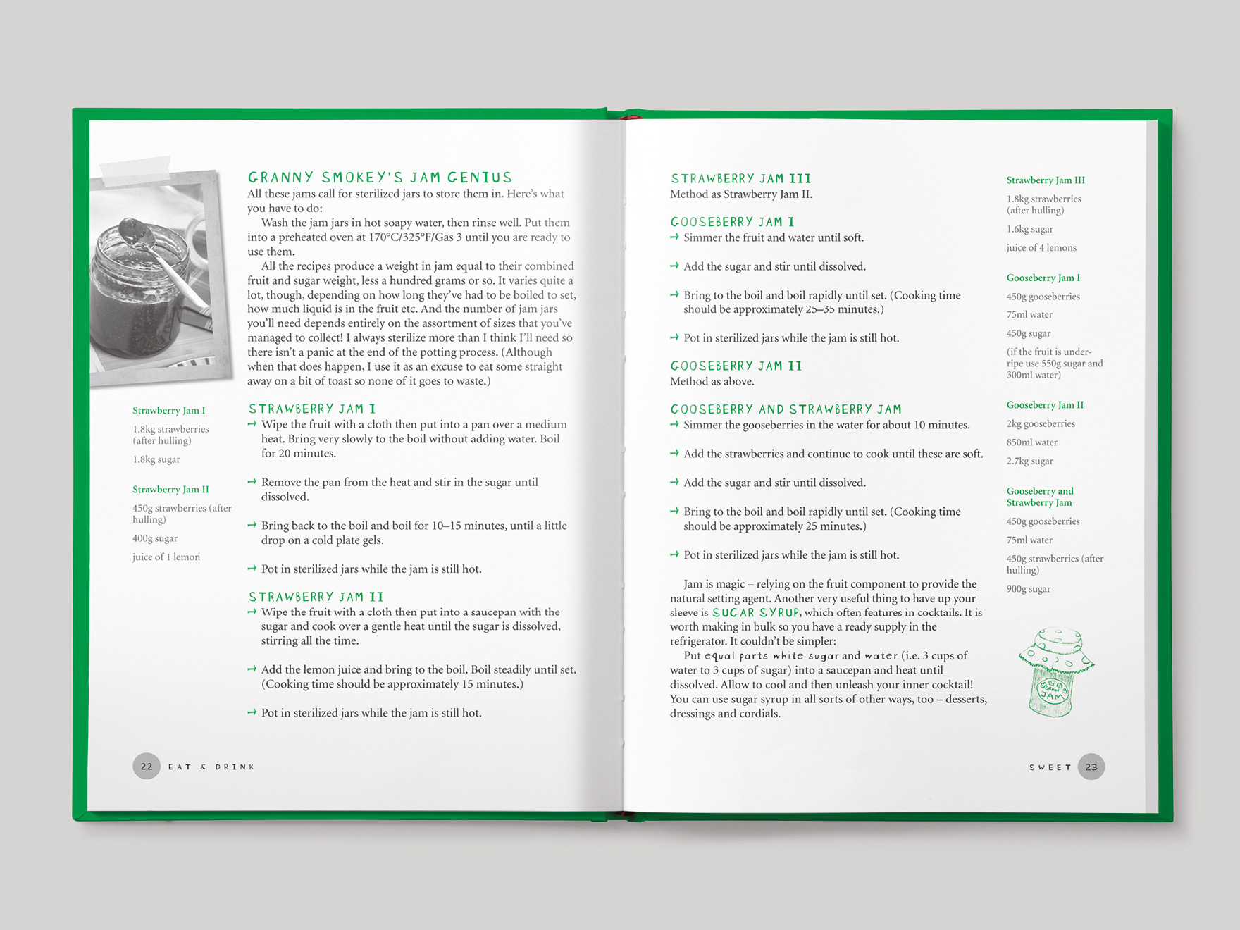 Inside book pages from Olly Smith's Eat & Drink recipe book showing some jam recipes