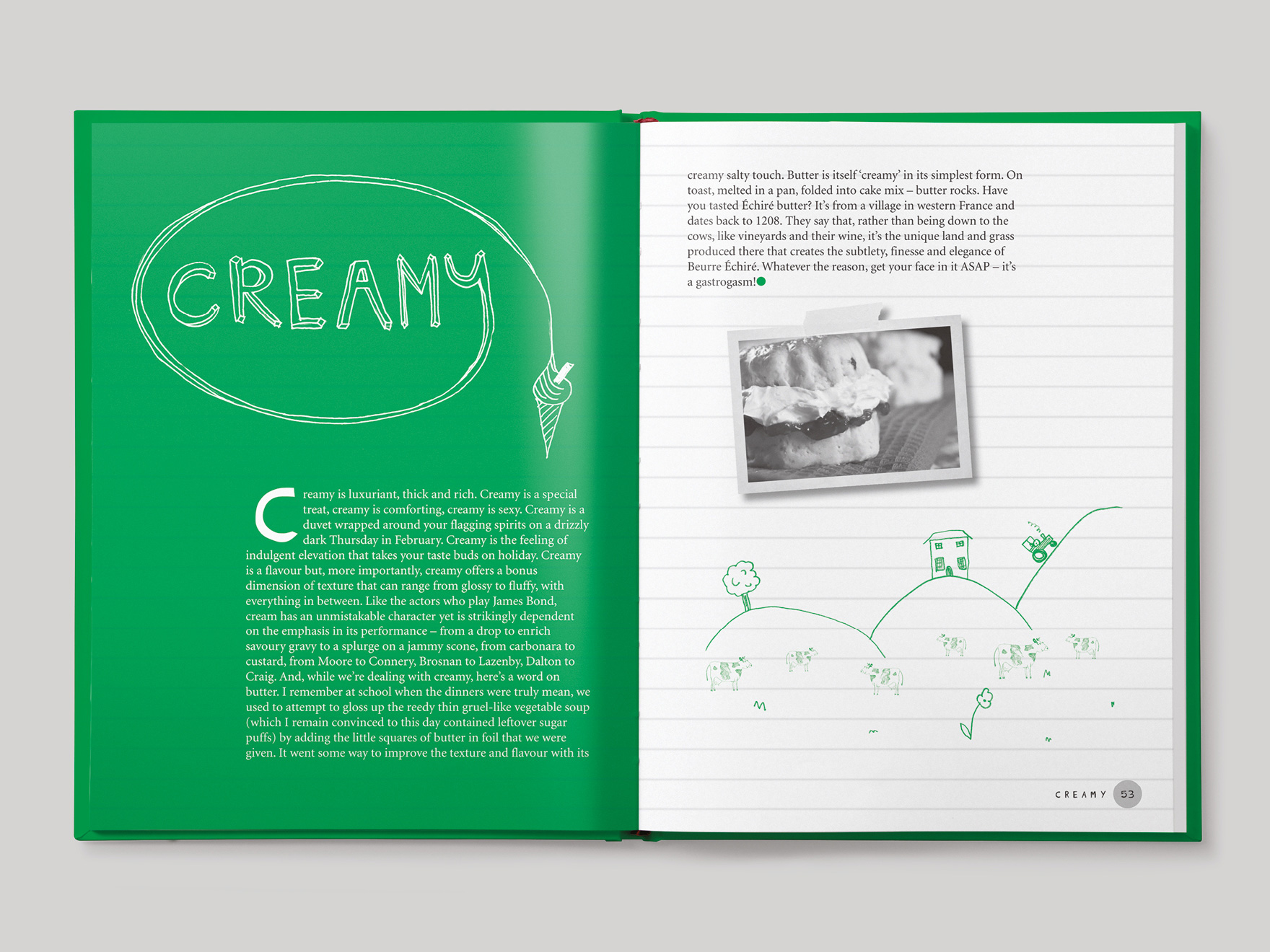 Inside book pages from Olly Smith's Eat & Drink recipe book showing the opener to the chapter about cream