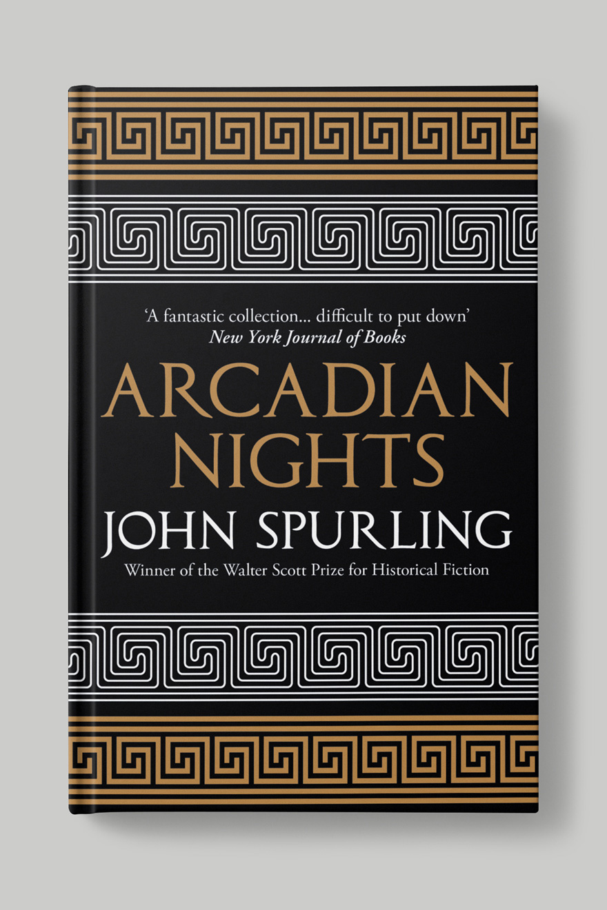 Front book cover to Arcadian Nights, a black cover with gold text and a white and gold Greek pattern
