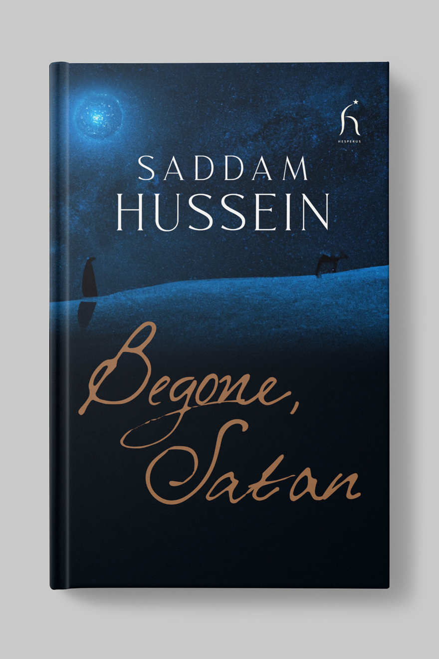 Front of the book cover to Begone, Satan showing an abstract image of a lonely silhouetted figure crossing a blue desert at night