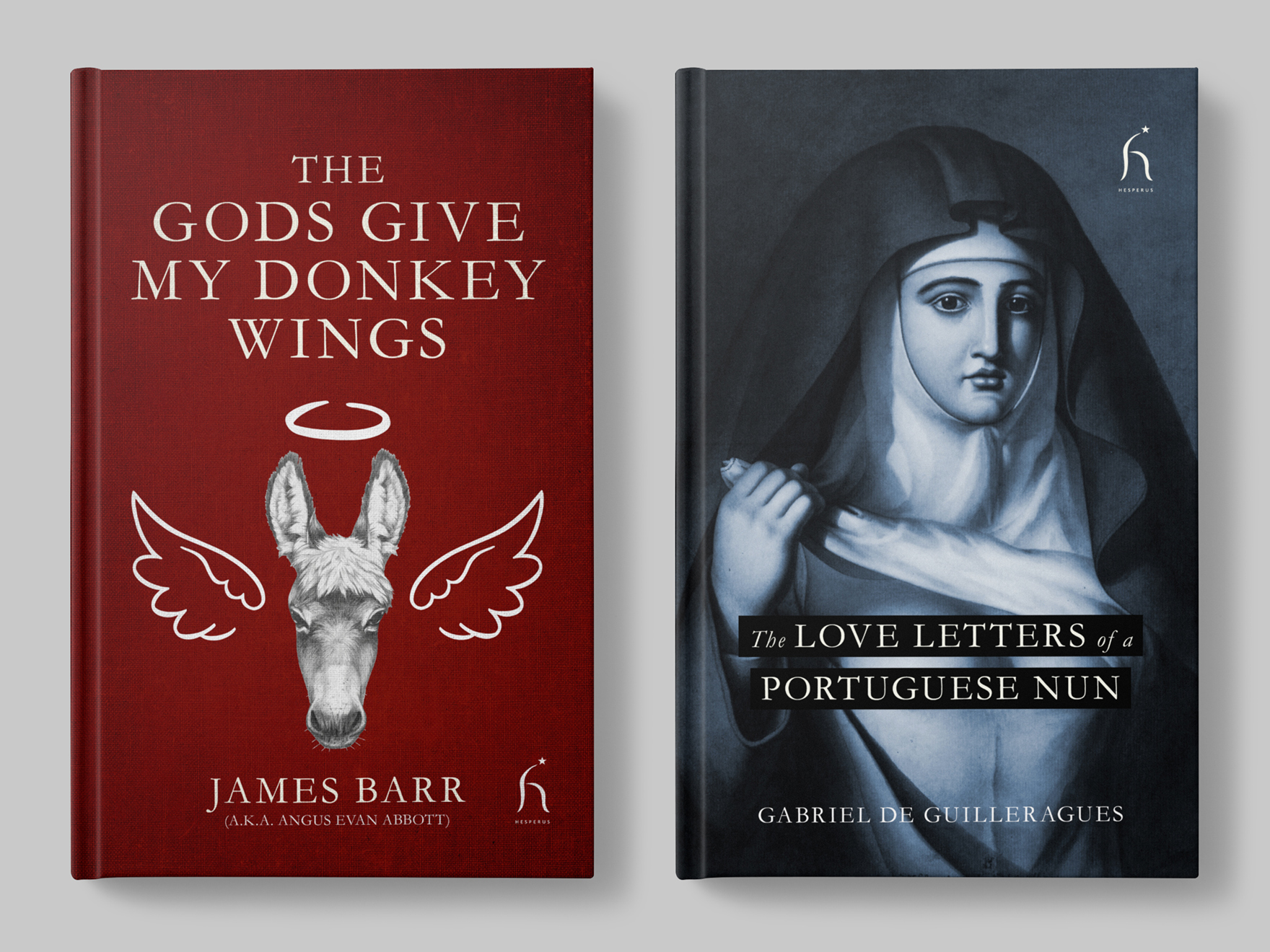 Front book covers for The Gods Give My Donkey Wings and The Love Letters of a Portugesue Nun, published by Hesperus Press, both covers designed by Roland Codd. The picture links to a page showing further examples of fiction book cover designs by Roland Codd.