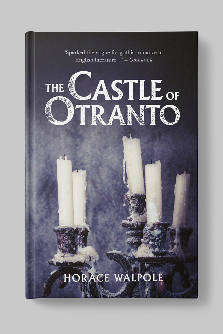 Front of the book cover to The Castle of Otranto, showing a gothic candlestick holder with melted candles