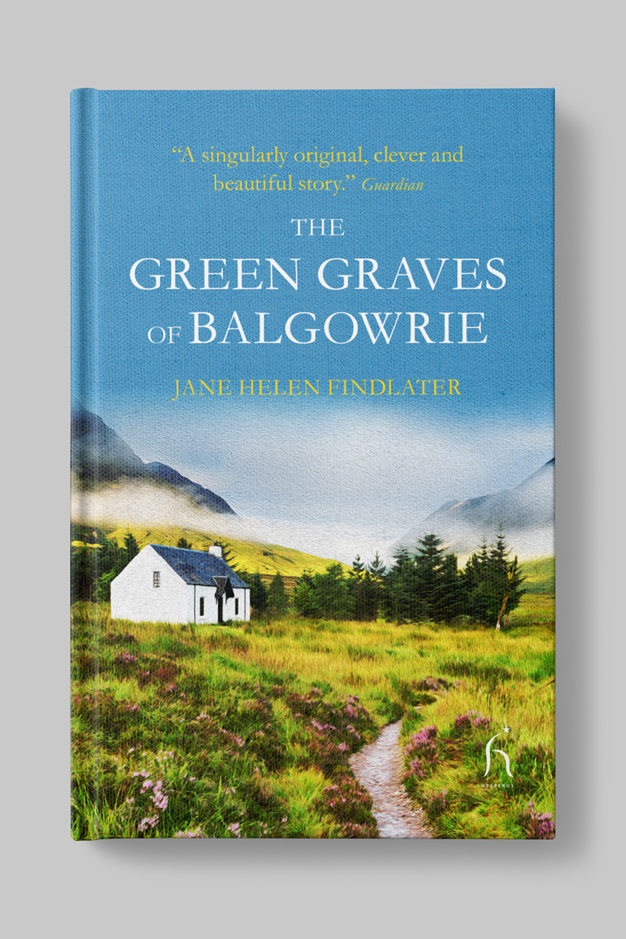 Front of the book cover to The Green Graves of Balgowrie showing an impressionist painted image of a farmhouse in the Scottish countryside