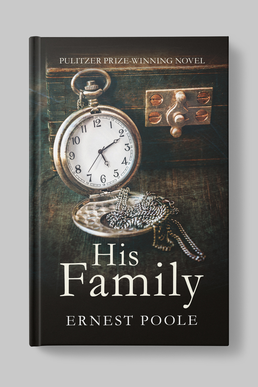 Front of the book cover to His Family, showing an antique silver pocket watch against a jewellry box