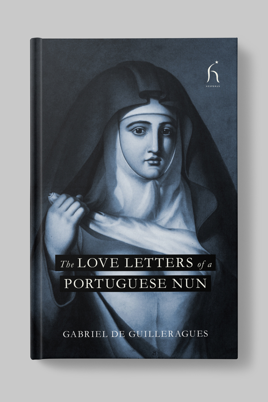 Front of the book cover to The Love Letters of a Portuguese Nun showing a painted portrait of a nun exposing her breasts, which are obscured by the book title