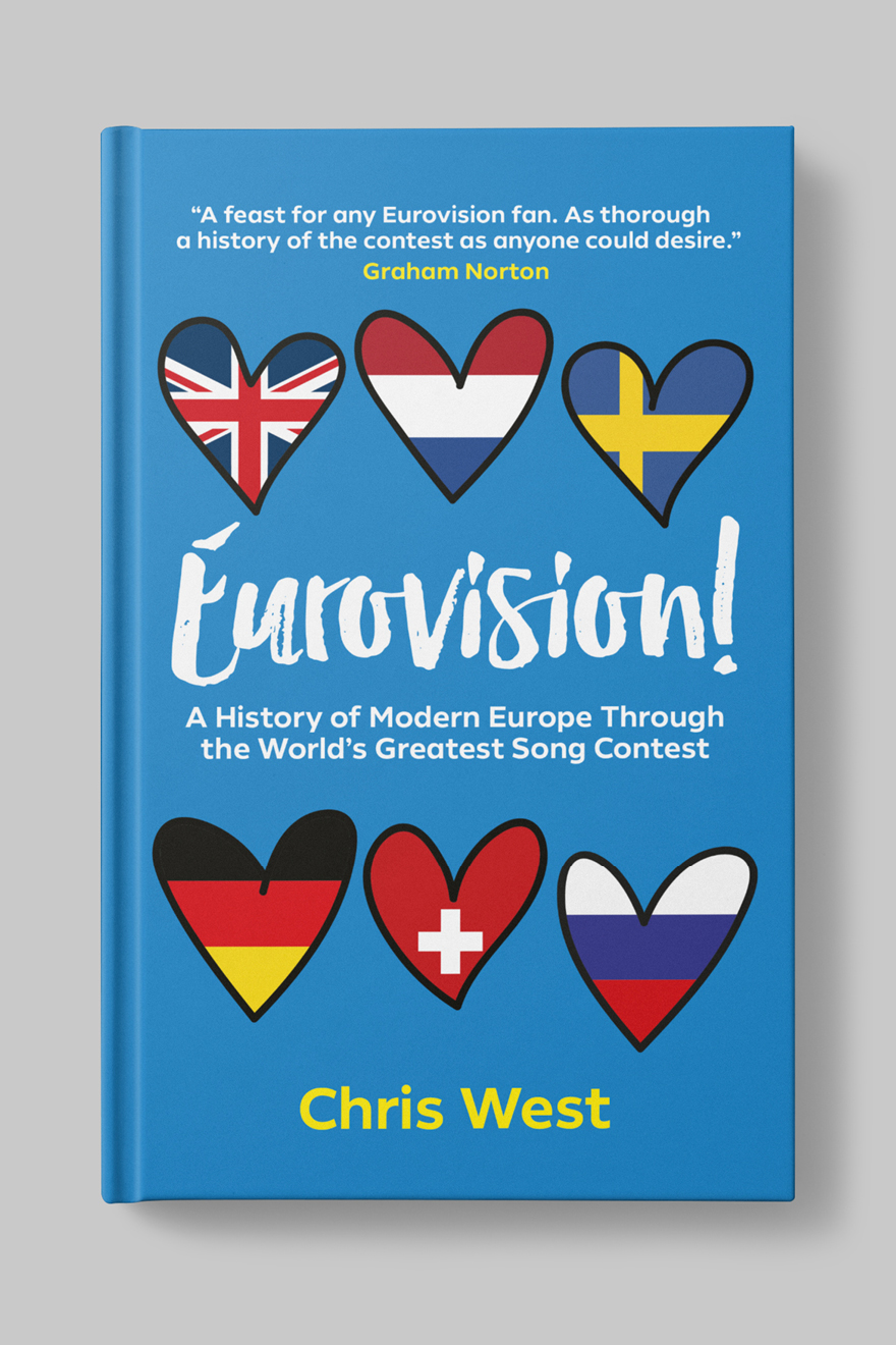 Front book cover to Eurovision!, showing love hearts containing the flags of countries
