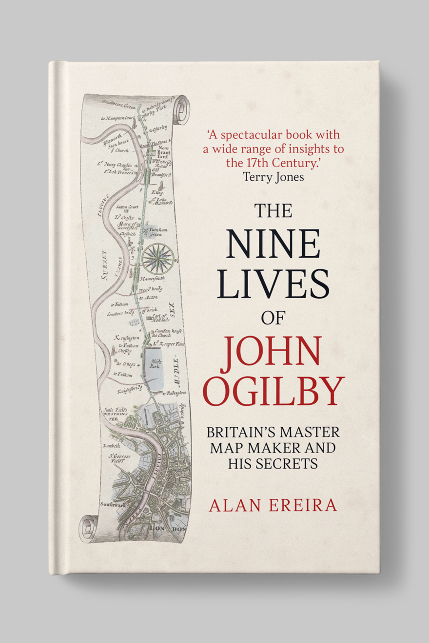 Front book cover to The Nine Lives of John Ogilby, showing a map scroll