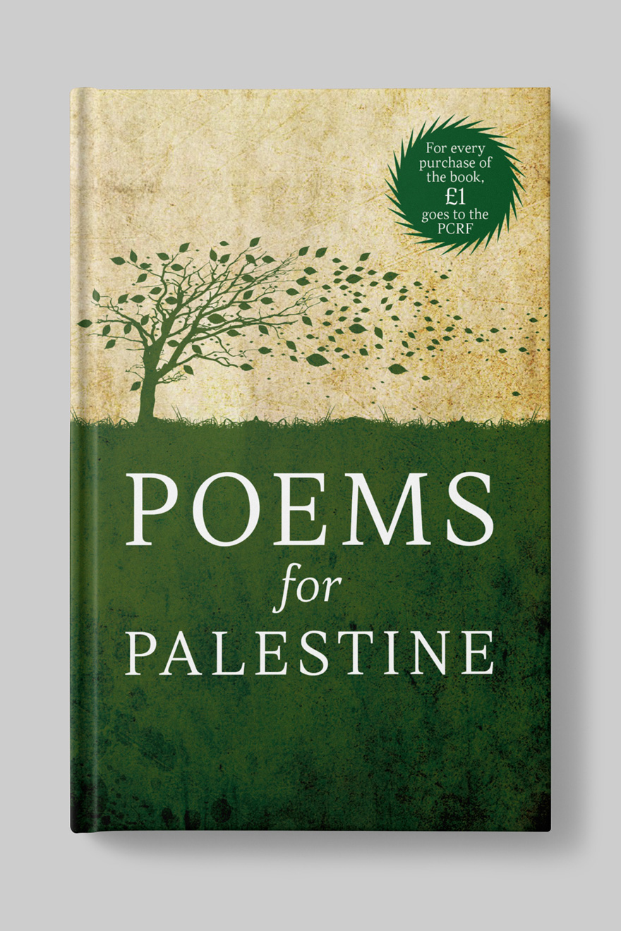 Front book cover to Poems for Palestine, showing an illustration of a tree with its leaves blowing away in the wind