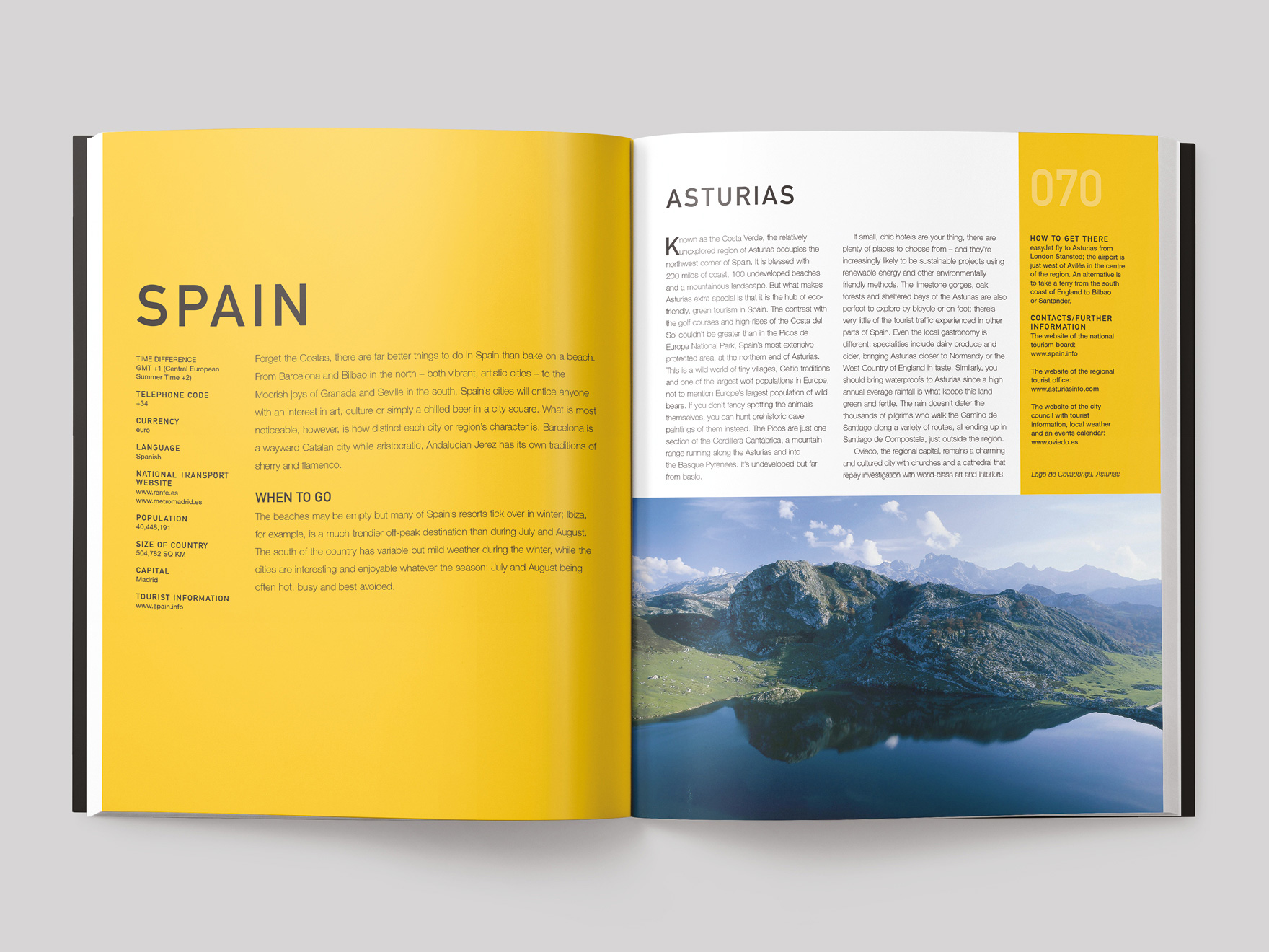 Inside pages from the 101 Weekends in Europe book showing the chapter opener to the Spain section and an entry for Asturias