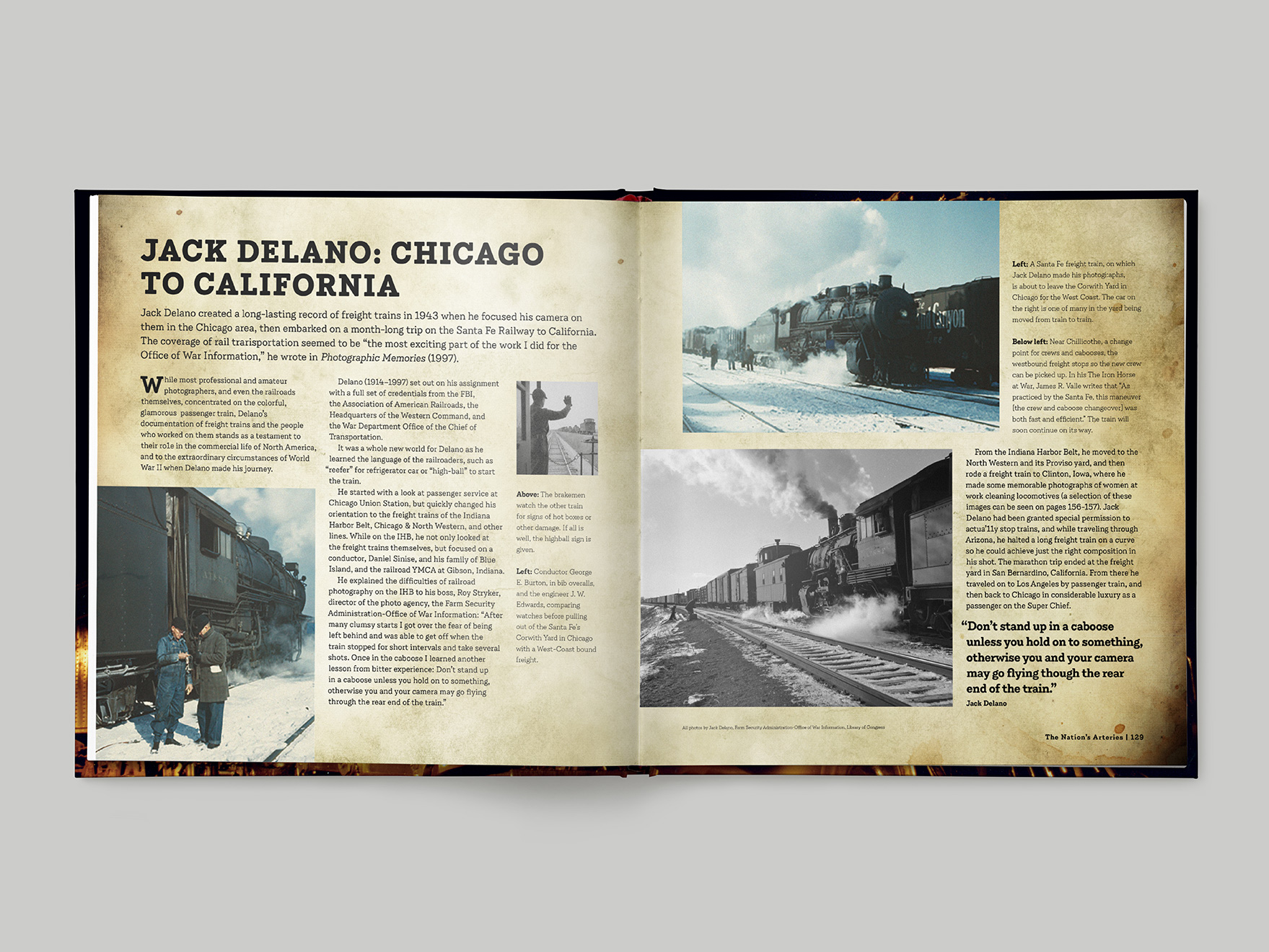 Inside pages from Classic Steam showing a two page feature about a train journey by rail photographer John Delano