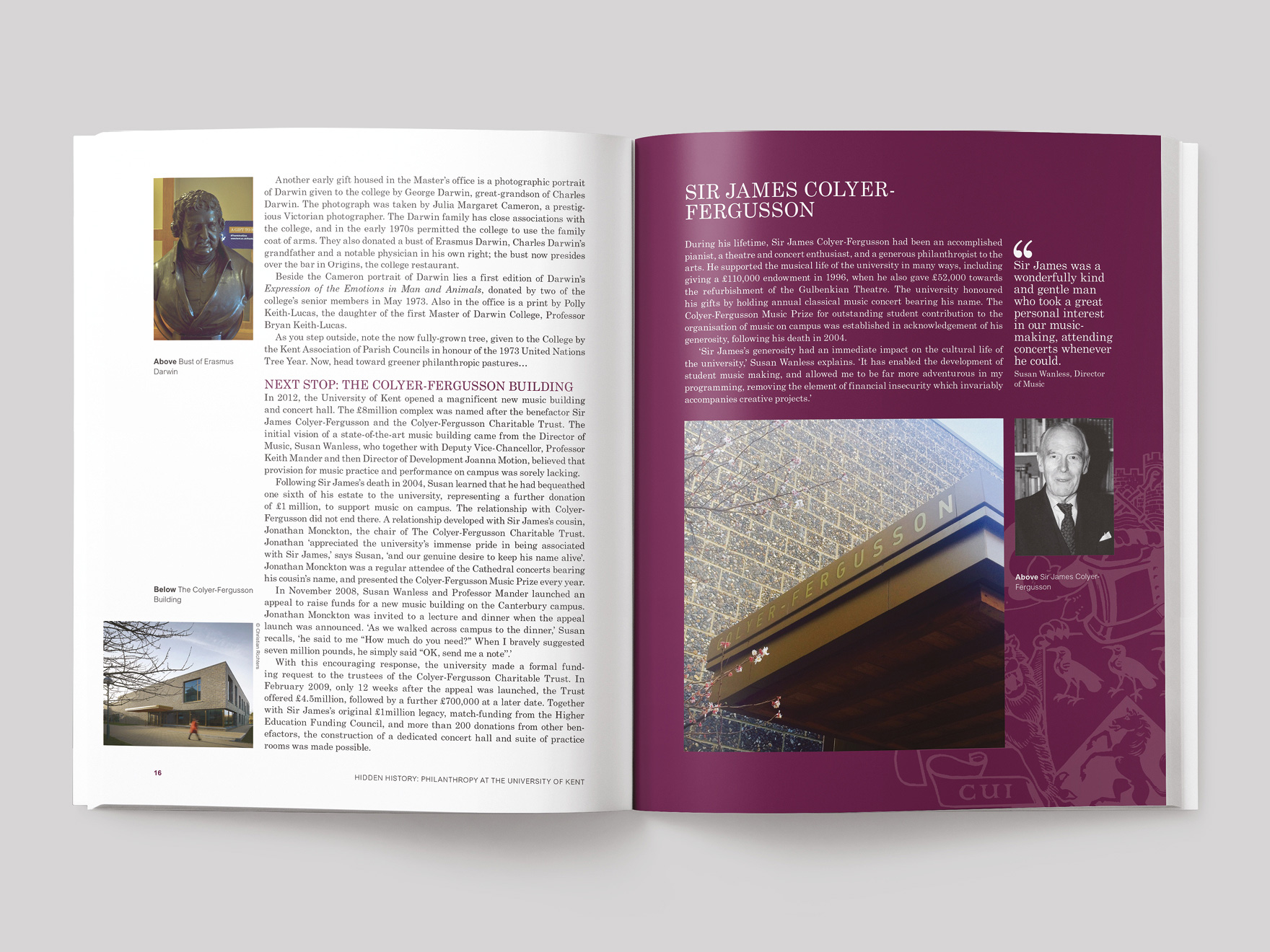 Inside pages from the Hidden History book showing the history of the Colyer-Fergusson building and a case study about Sir James Colyer-Fergusson