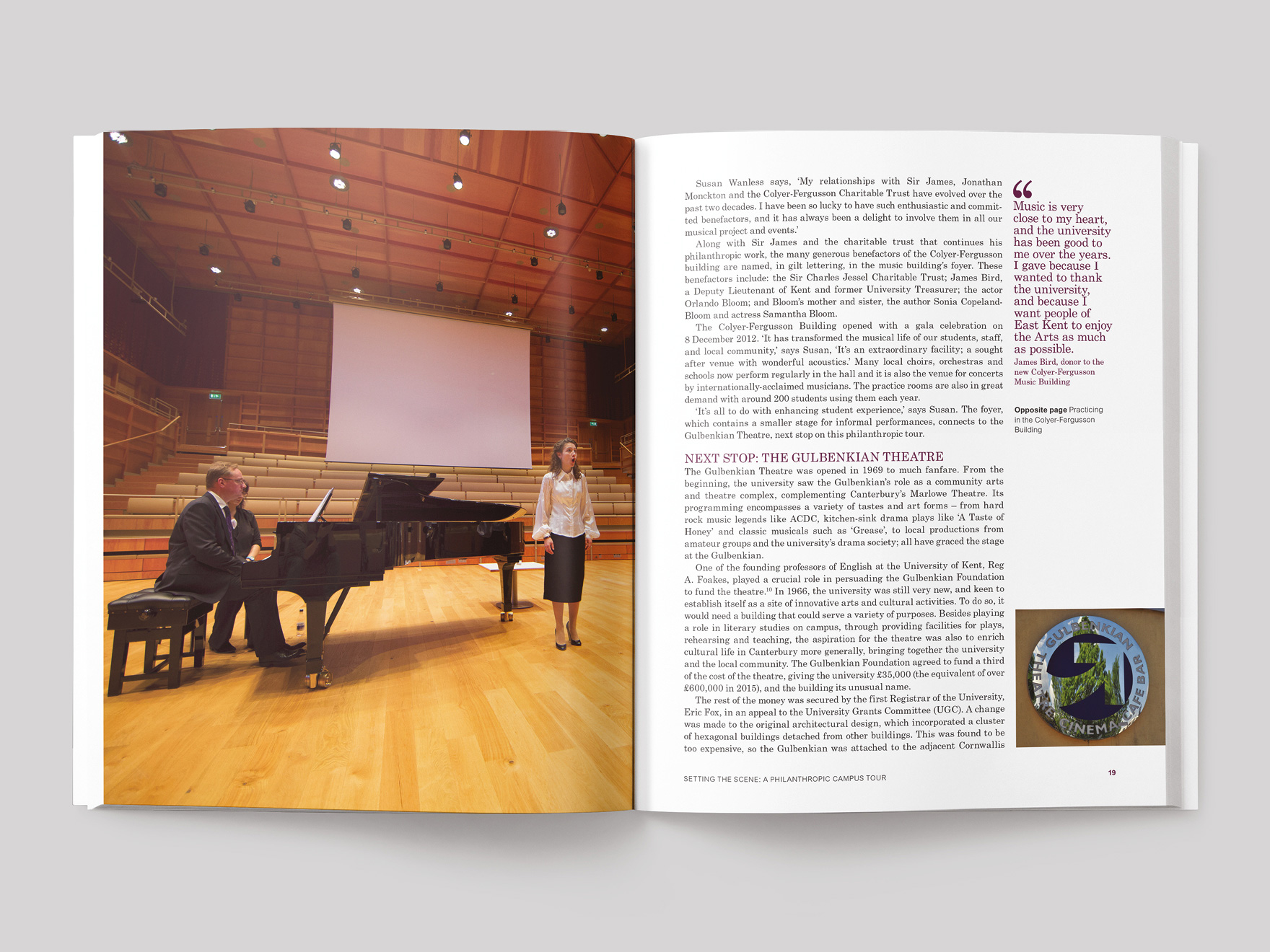 Inside pages from the Hidden History book showing the history of the Gulbenkian theatre and cinema