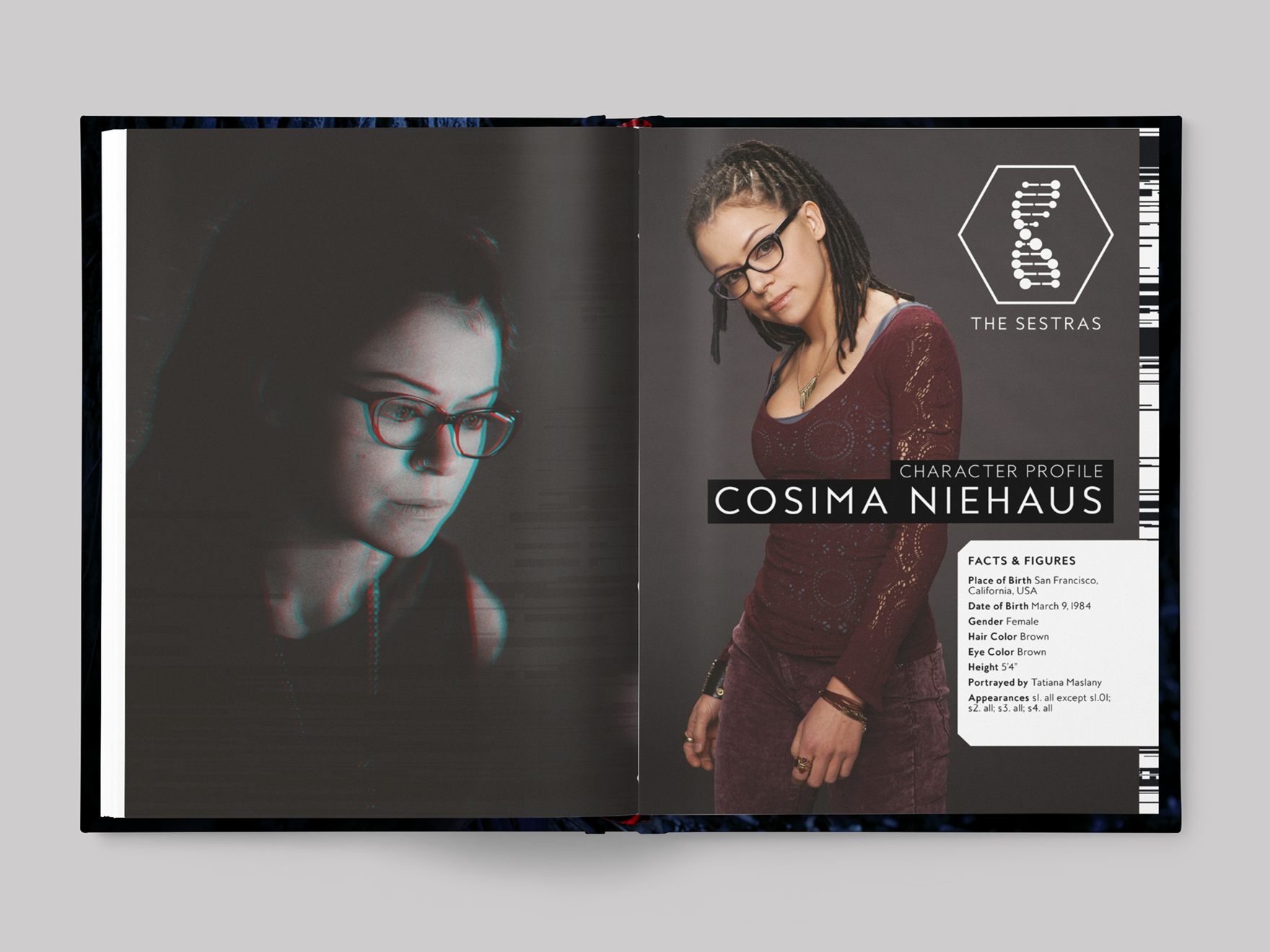 Inside pages from The DNA of Orphan Black book showing the chapter opener to the profile of Cosima Niehaus