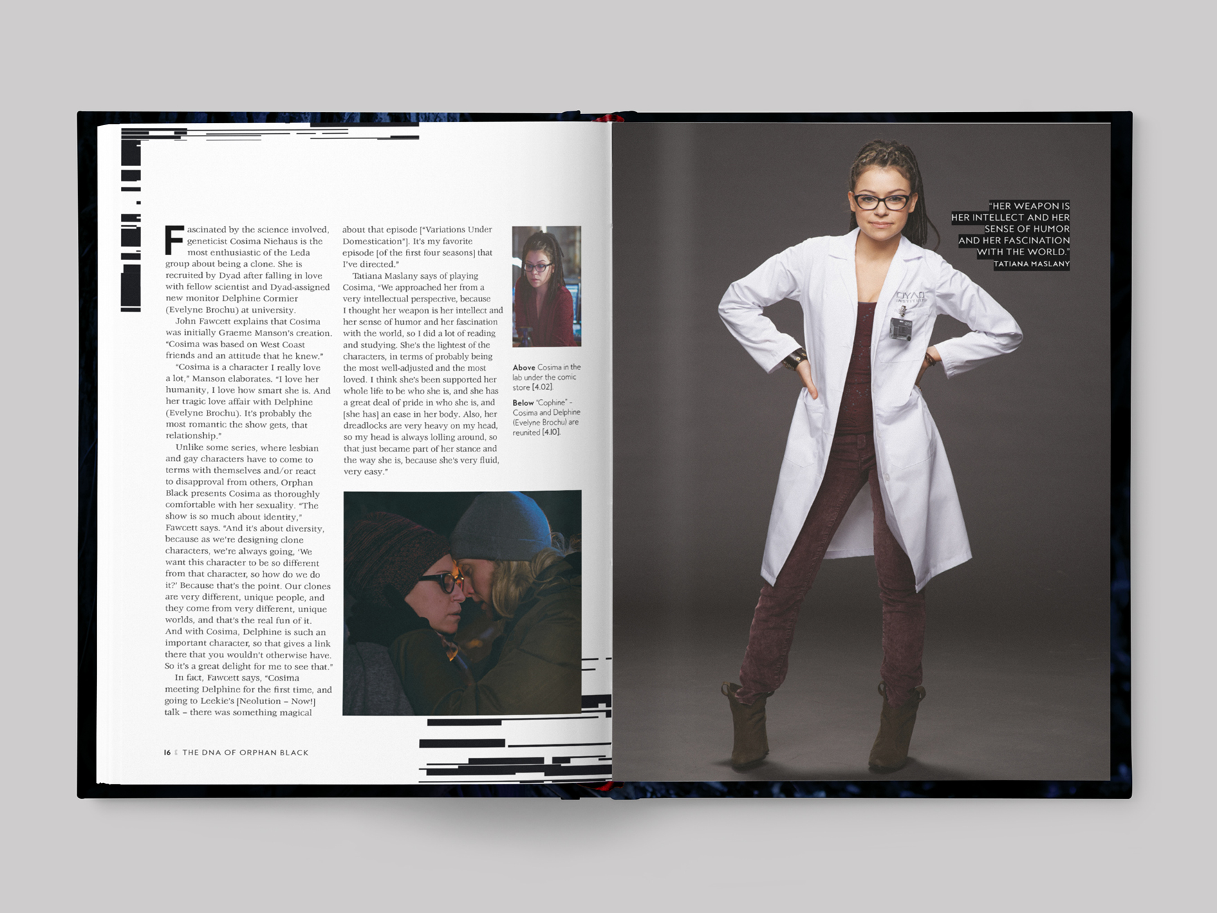 Inside pages from The DNA of Orphan Black book about the character of Cosima Niehaus