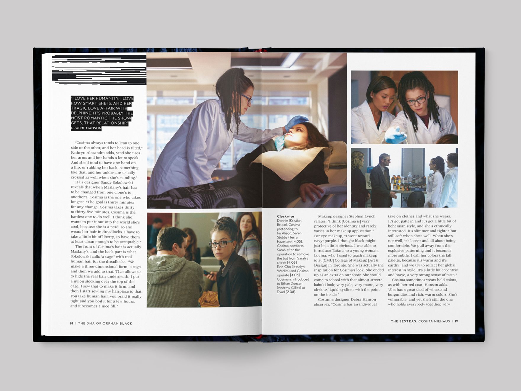An inside page from the DNA of Orphan Black, designed by Roland Codd. The picture links to a page showing further examples of reference book designs by Roland Codd.