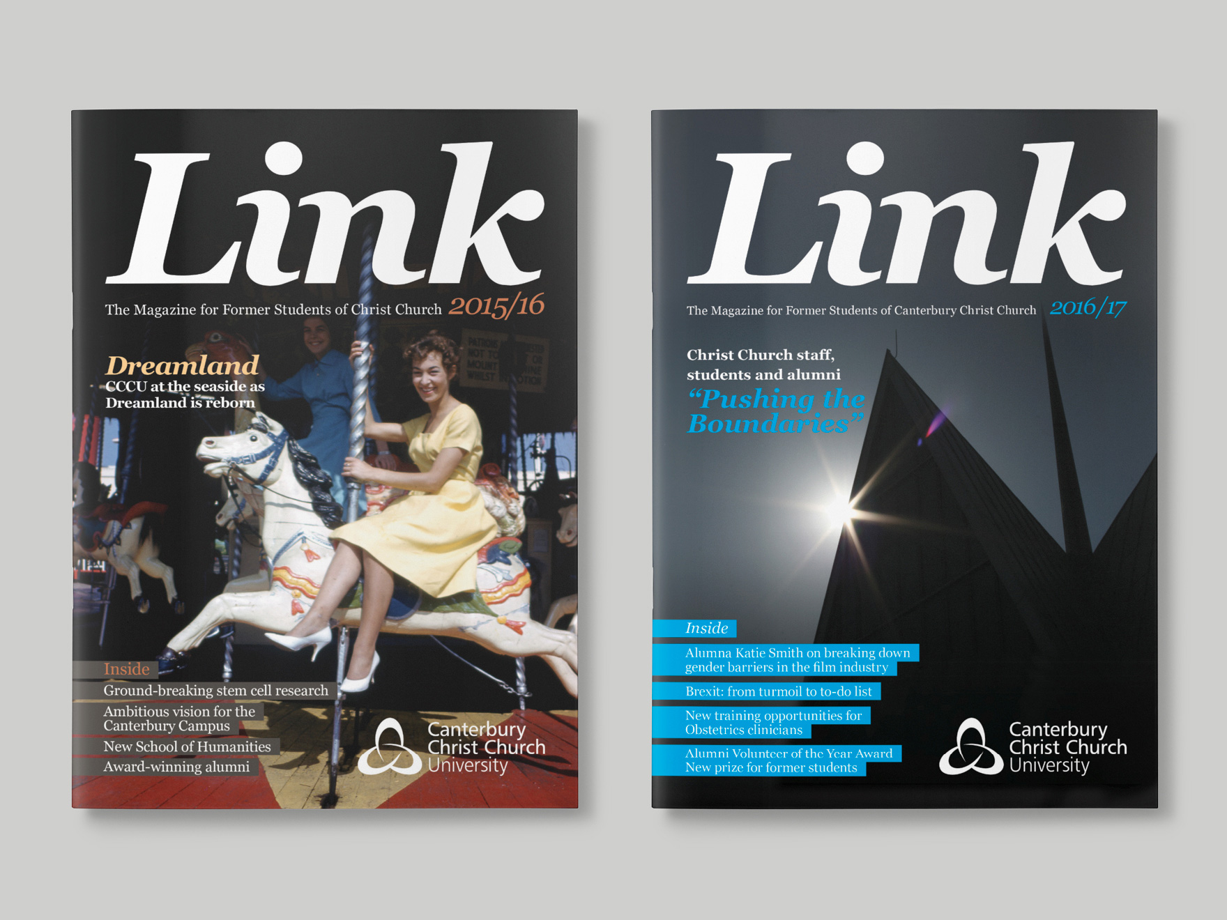 Two front covers of Link Magazine for Canterbury Christ Church University.  The picture links to a page showing further examples of magzines designed by Roland Codd.