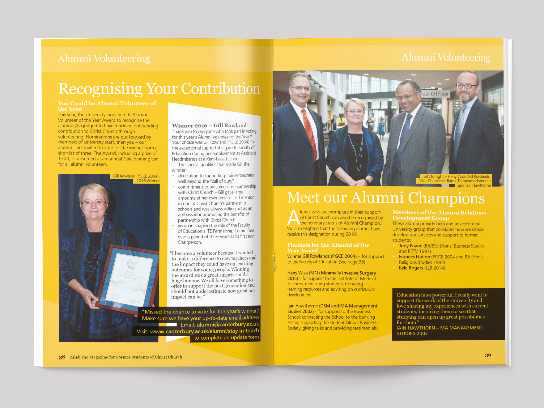 Inside pages from Link magazine, showing an article on alumni volunteering