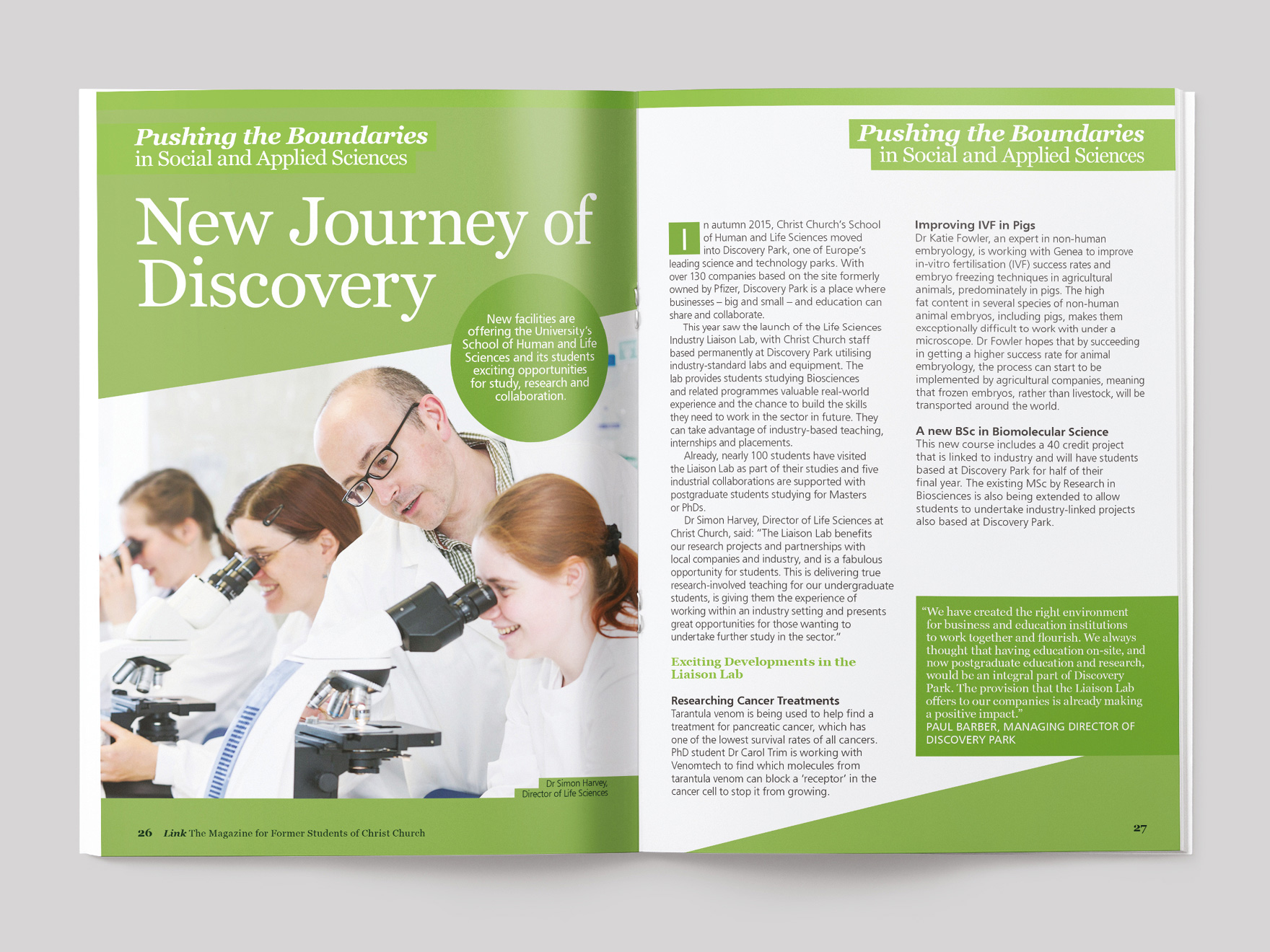 Inside pages from Link magazine, showing an article on social and applied sciences