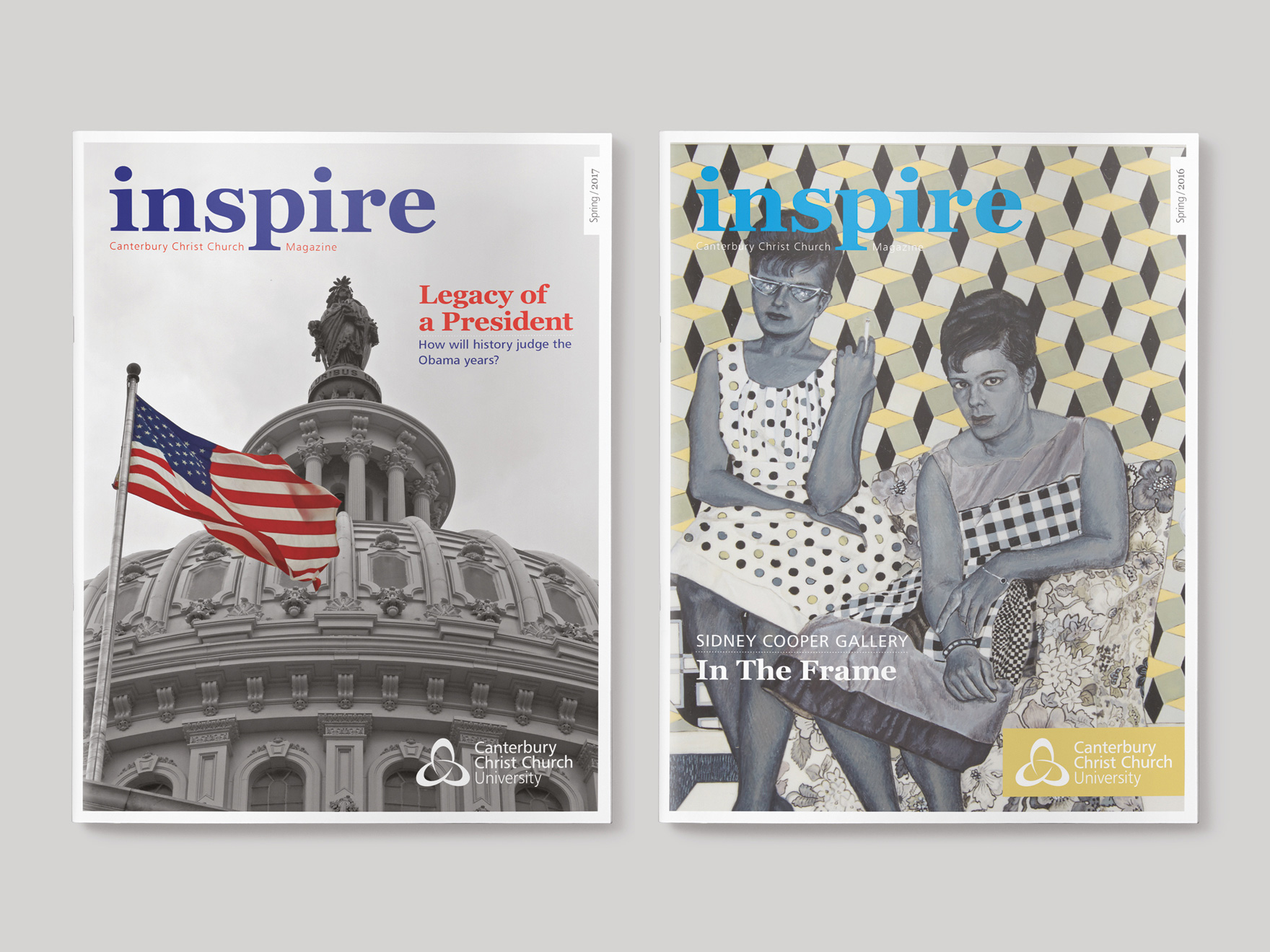 Front covers to the Spring 2017 and Spring 2016 issues of Inspire Magazine