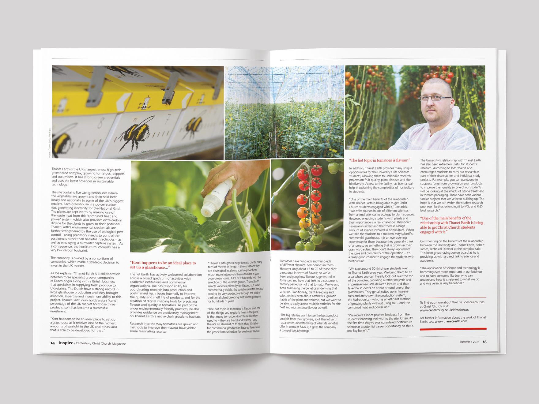Inside pages from Inspire magazine, showing the pages of a feature on Farming for the Future