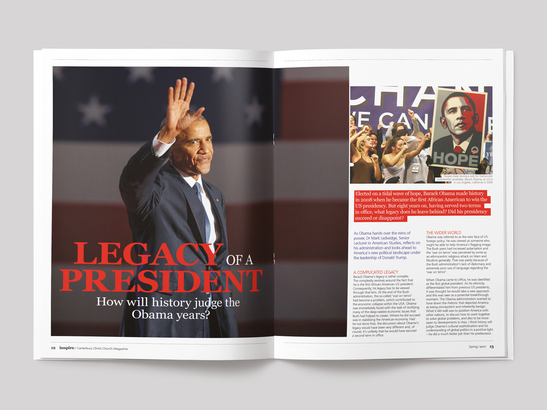 Inside pages from Inspire magazine, showing the opening pages of a feature on President Obama