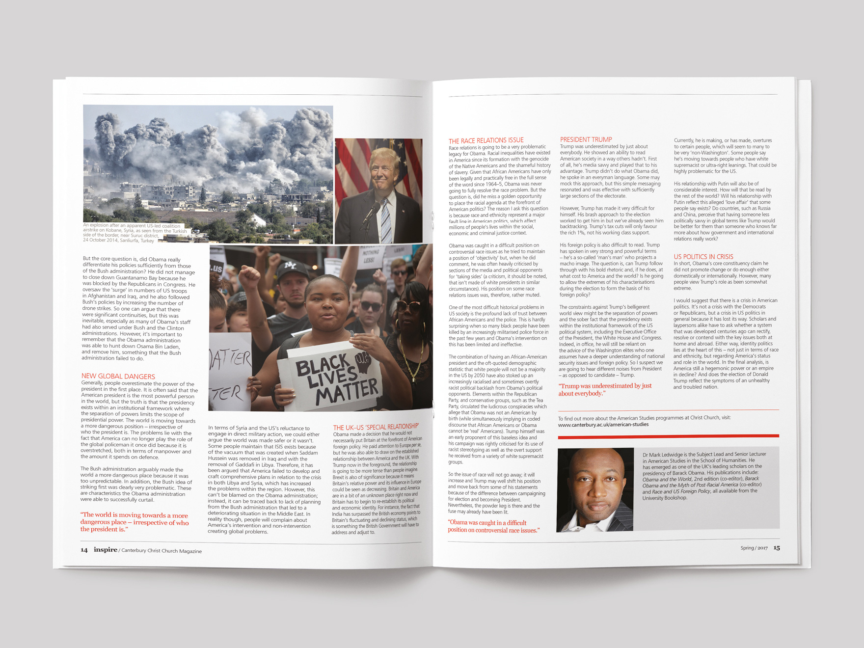 Inside pages from Inspire magazine, showing a feature on President Obama