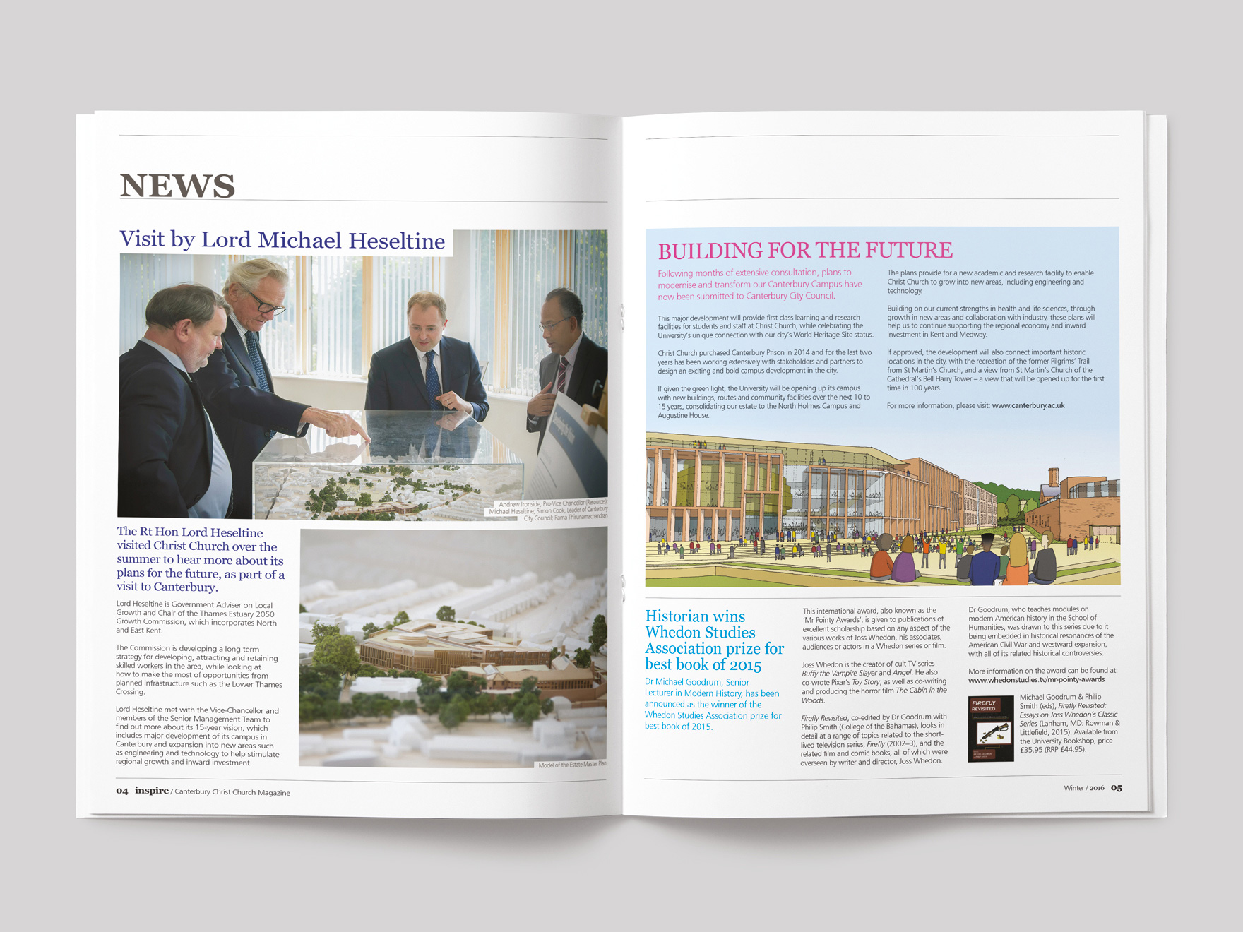 Inside pages from Inspire magazine, showing the news section