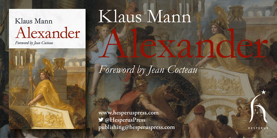 Social media banner to promote the book launch of Alexander, published by Hesperus Press. Banner features the title, Alexander, the front of the book cover and a detail from the artwork in the background.