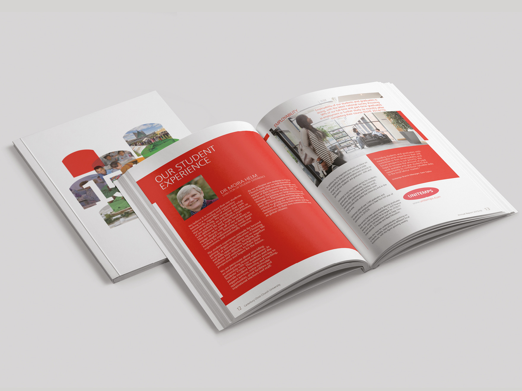 Front cover and inside pages from the 2016/16 Canterbury Christ Church University annual report