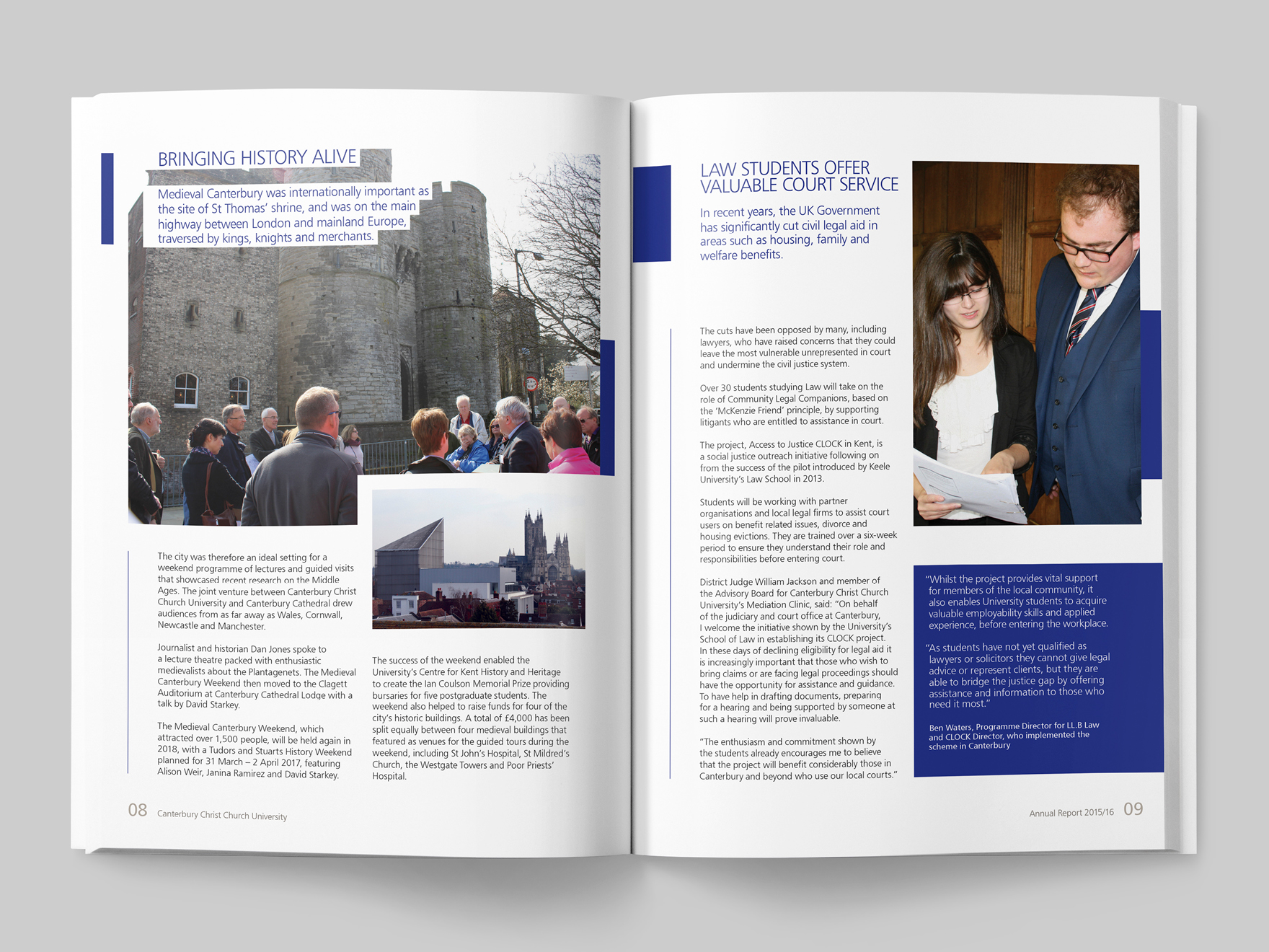 Inside pages from an annual report for Canterbury Christ Church University. The picture links to a page showing further examples of brochures and marketing materials designed by freelance graphic designer Roland Codd.