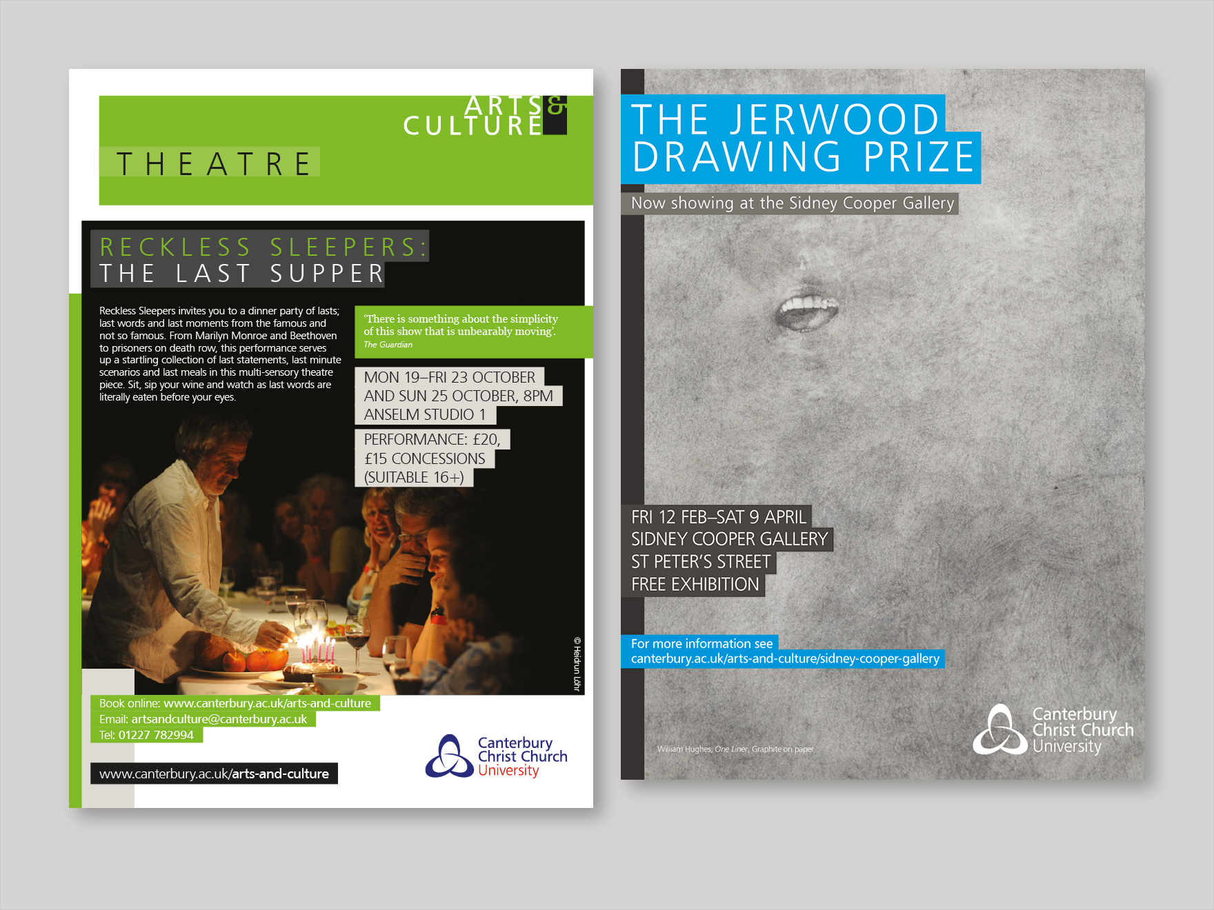 Theatre and art exhibition posters for Canterbury Christ Church University