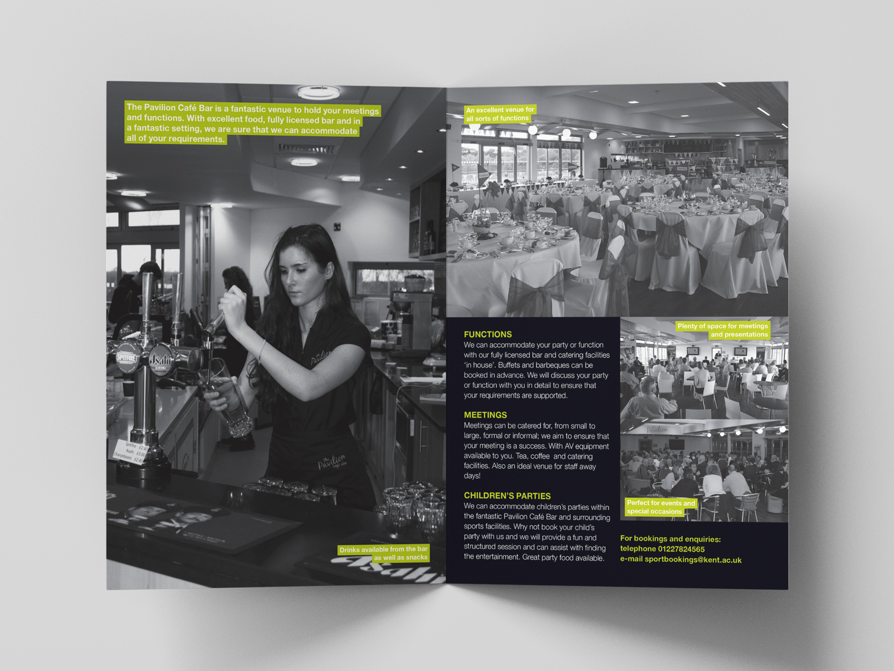 Inside of A5 leaflet to promote the Pavilion Cafe Bar at Kent Sport