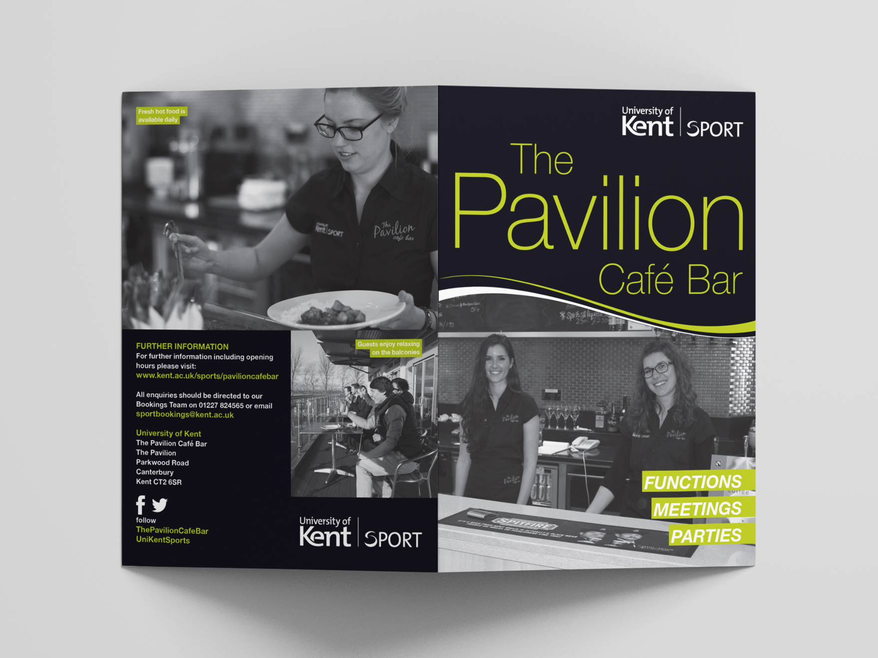 Outside of A5 leaflet to promote the Pavilion Cafe Bar at Kent Sport