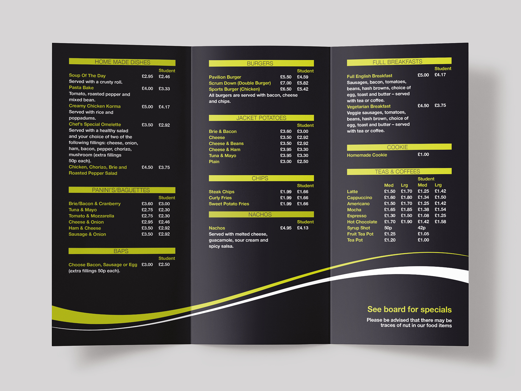 Inside of A4 tri-fod menu for the Pavilion Cafe Bar at Kent Sport