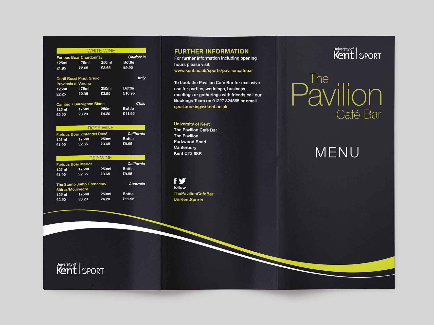 Outside of A4 tri-fod menu for the Pavilion Cafe Bar at Kent Sport