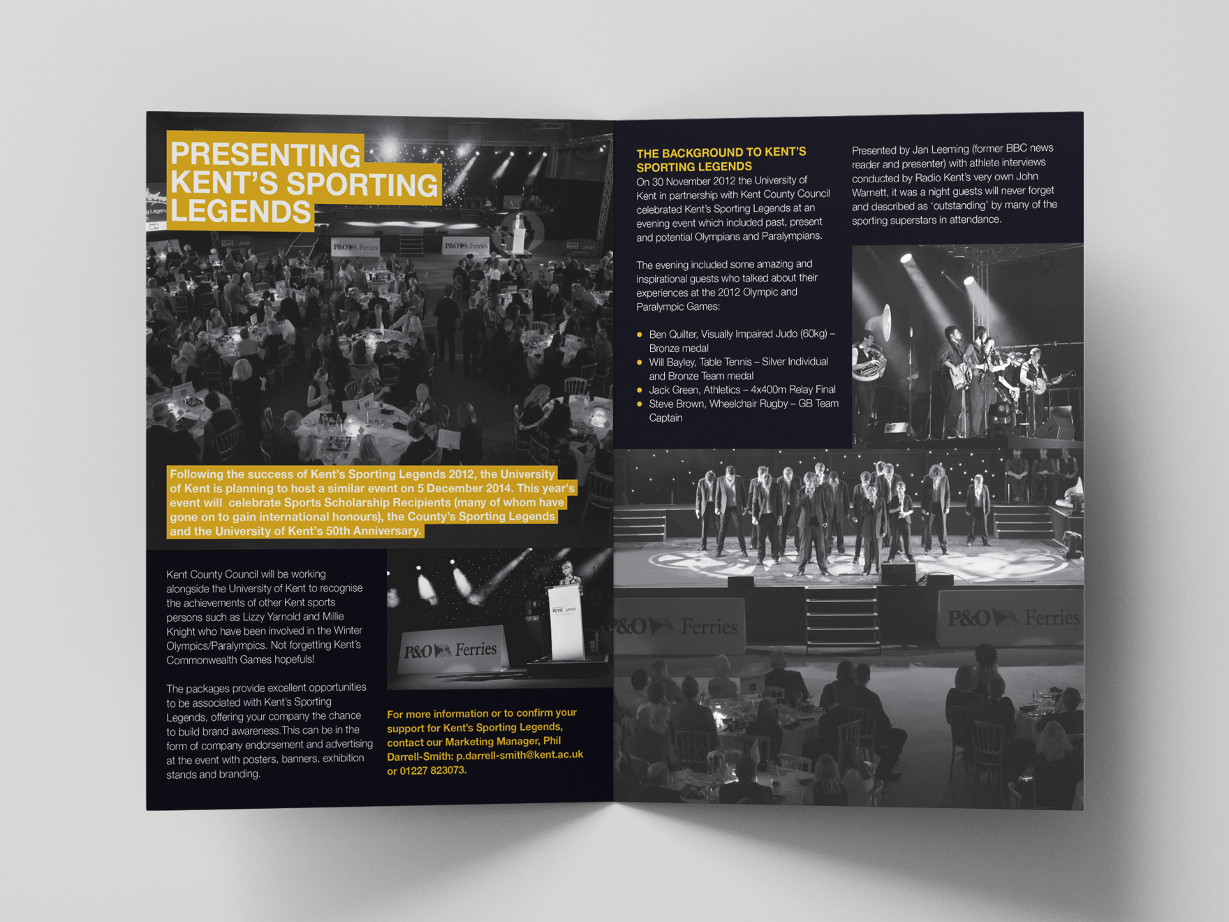 Inside of A5 leaflet to promote the Sporting Legends evening event at Kent Sport