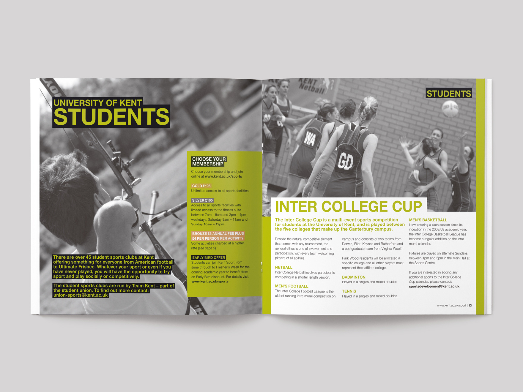 Inside pages from a brochure for Kent Sport showing information for student members