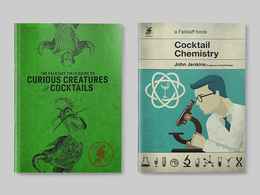 Two front covers of themed menus for the Falstaff Hotel in Cantbury. The picture links to a page showing further examples of menus and posters designed by Roland Codd.