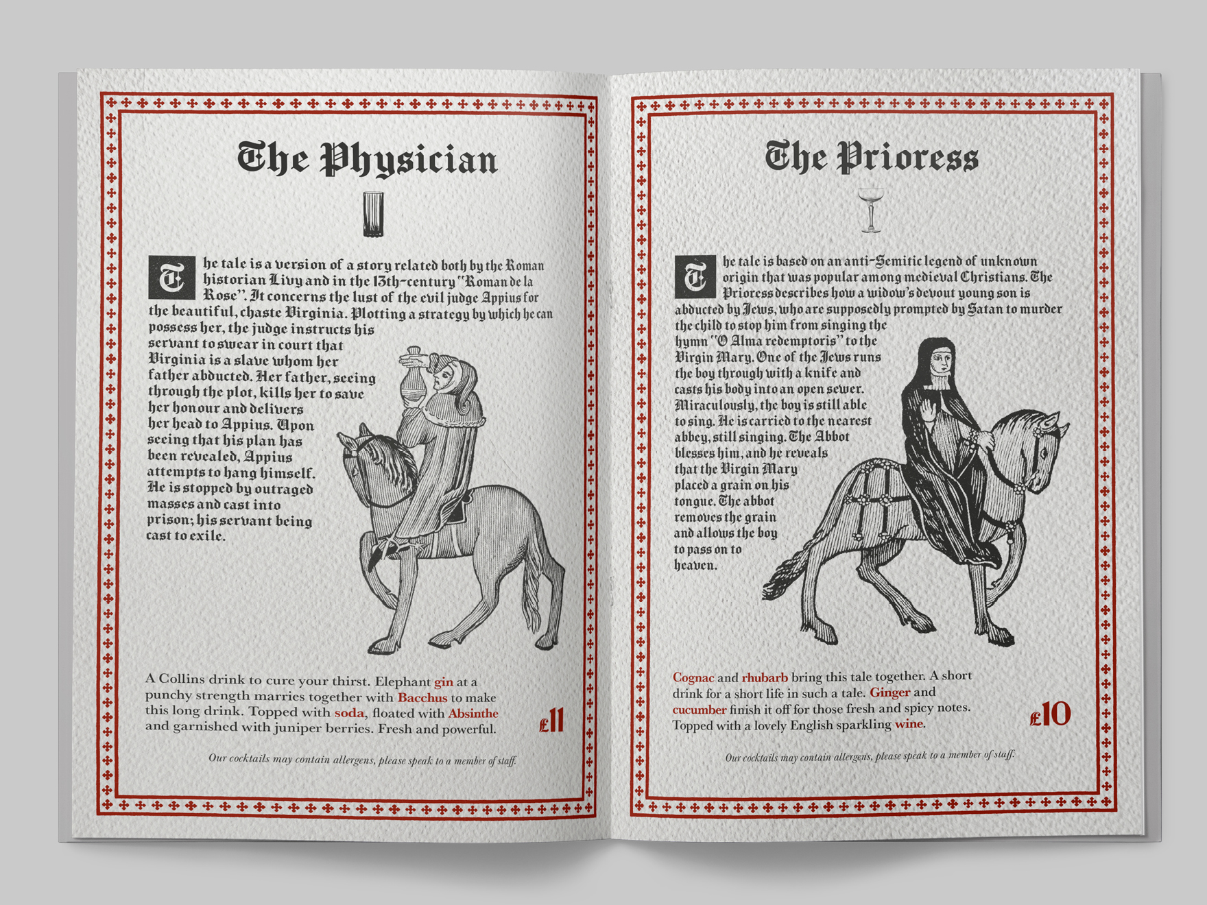The inside of a Canterbury Tales themed cocktail menu for the Falstaff Hotel