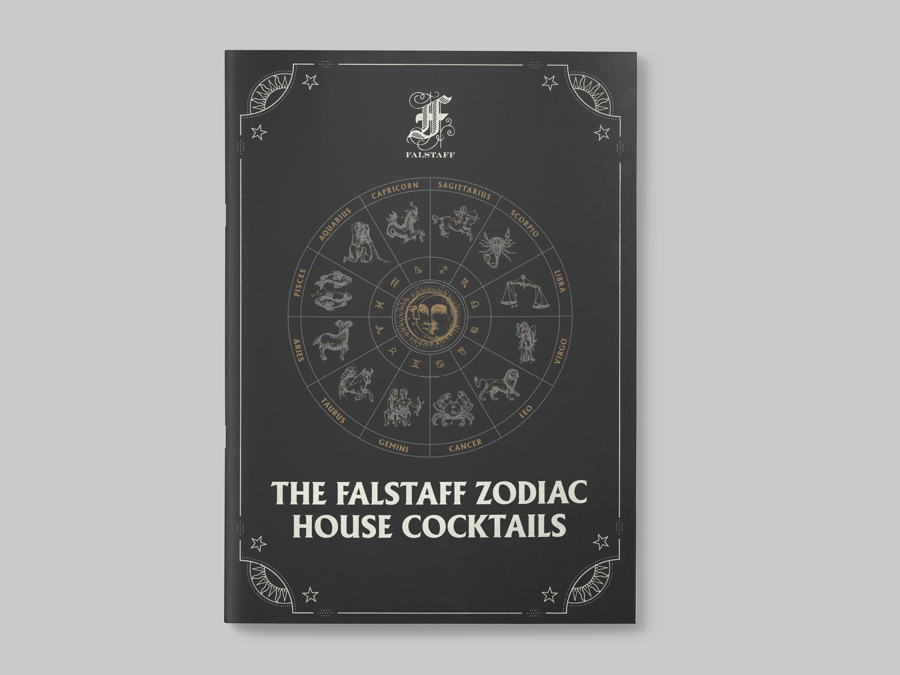 The front cover of a Zodiac themed cocktail menu for the Falstaff Hotel