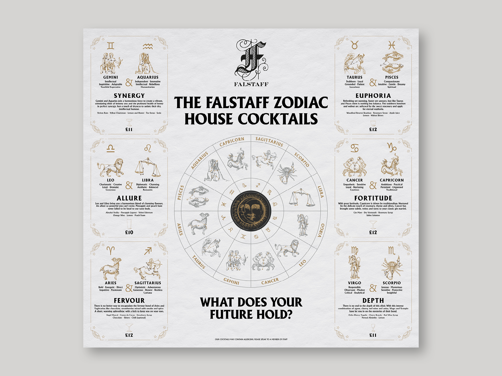 The poster for a Zodiac themed cocktail menu for the Falstaff Hotel