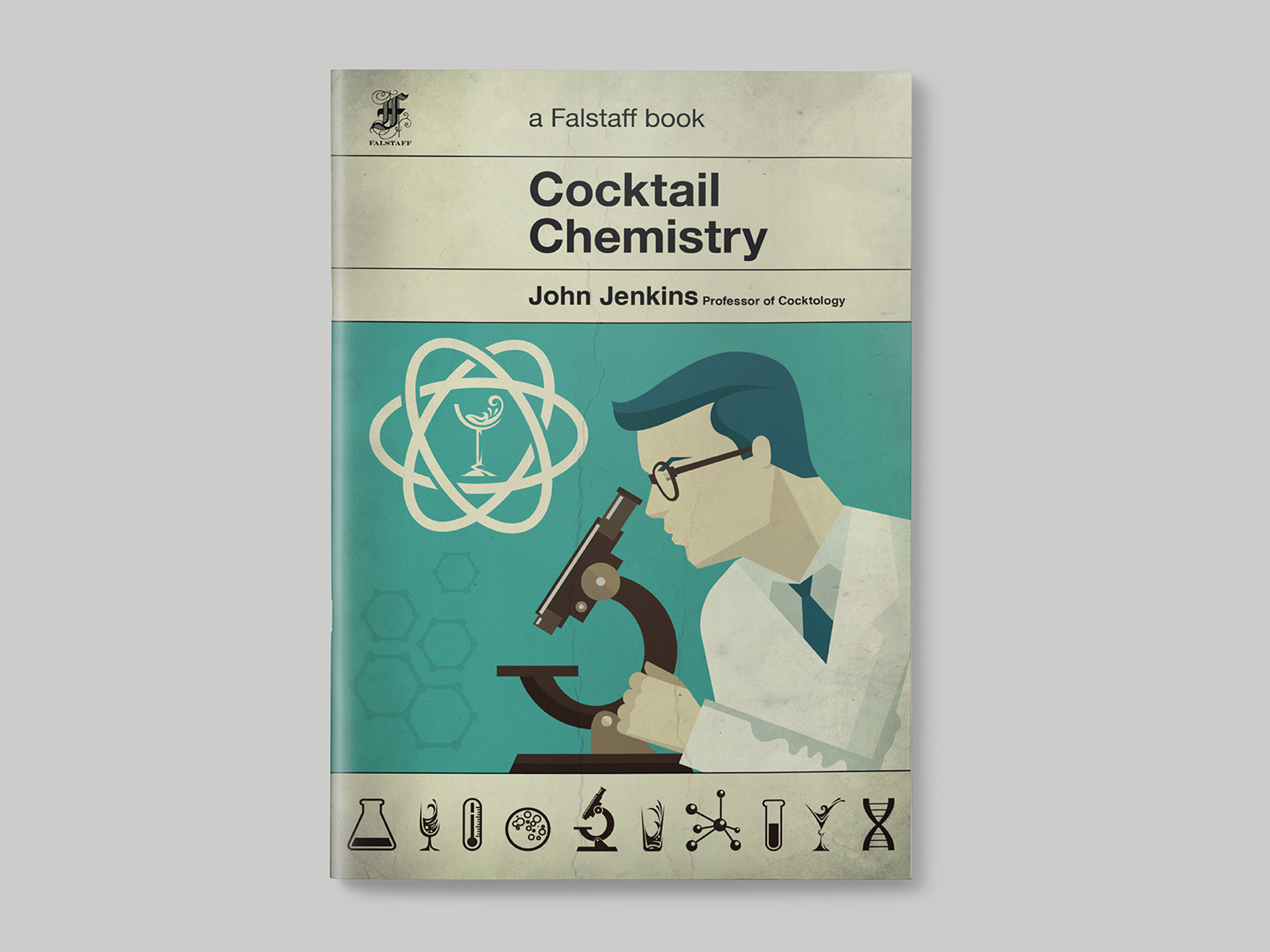 Front cover of the menu to Cocktail Chemistry for the Falstaff Hotel, designed to look like an old science text book