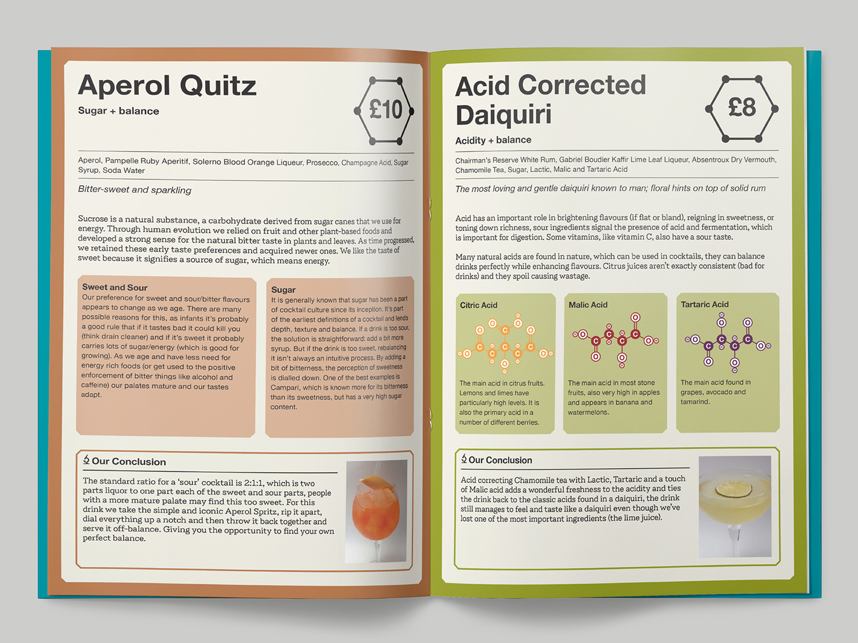 Inside pages of the Cocktail Chemistry menu for the Falstaff Hotel, designed to look like pages from a science text book