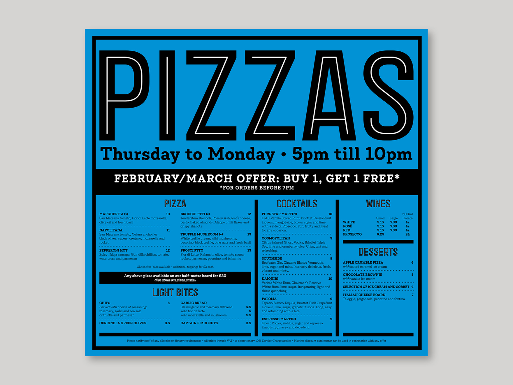 Pizza menu poster for the Falstaff Hotel